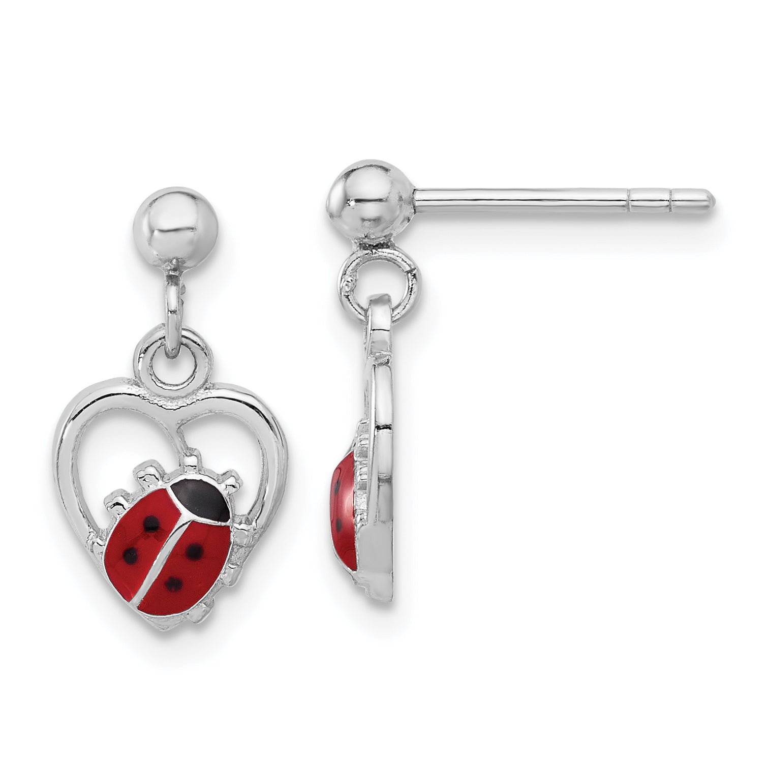 Sterling Silver Rh-plated Enameled Ladybug in Heart Post Dangle Earrings Main image