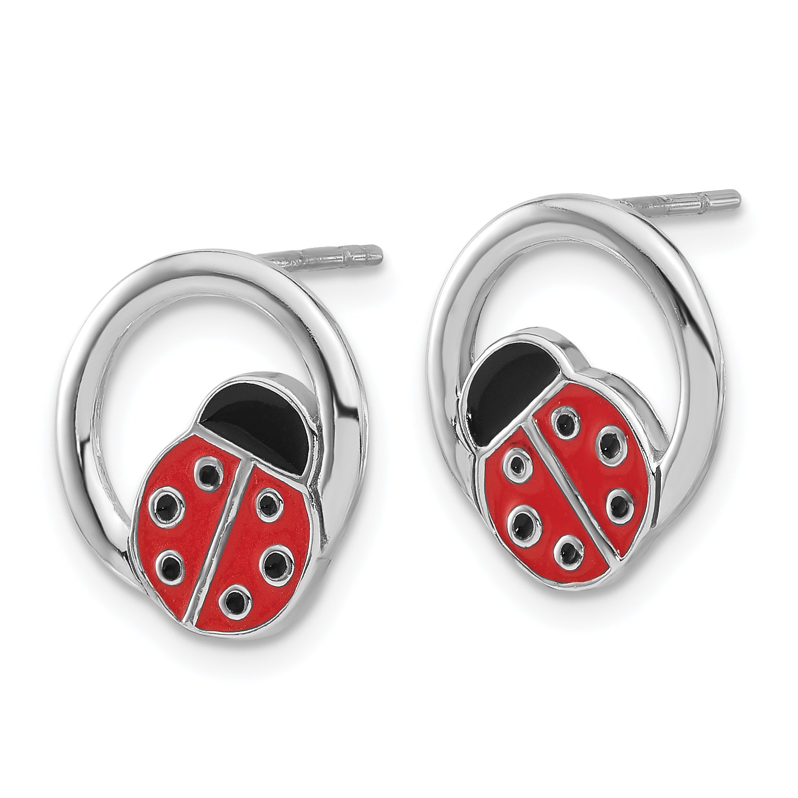 Sterling Silver Rhodium-plated Enameled Ladybug on Ring Post Earrings Secondary image