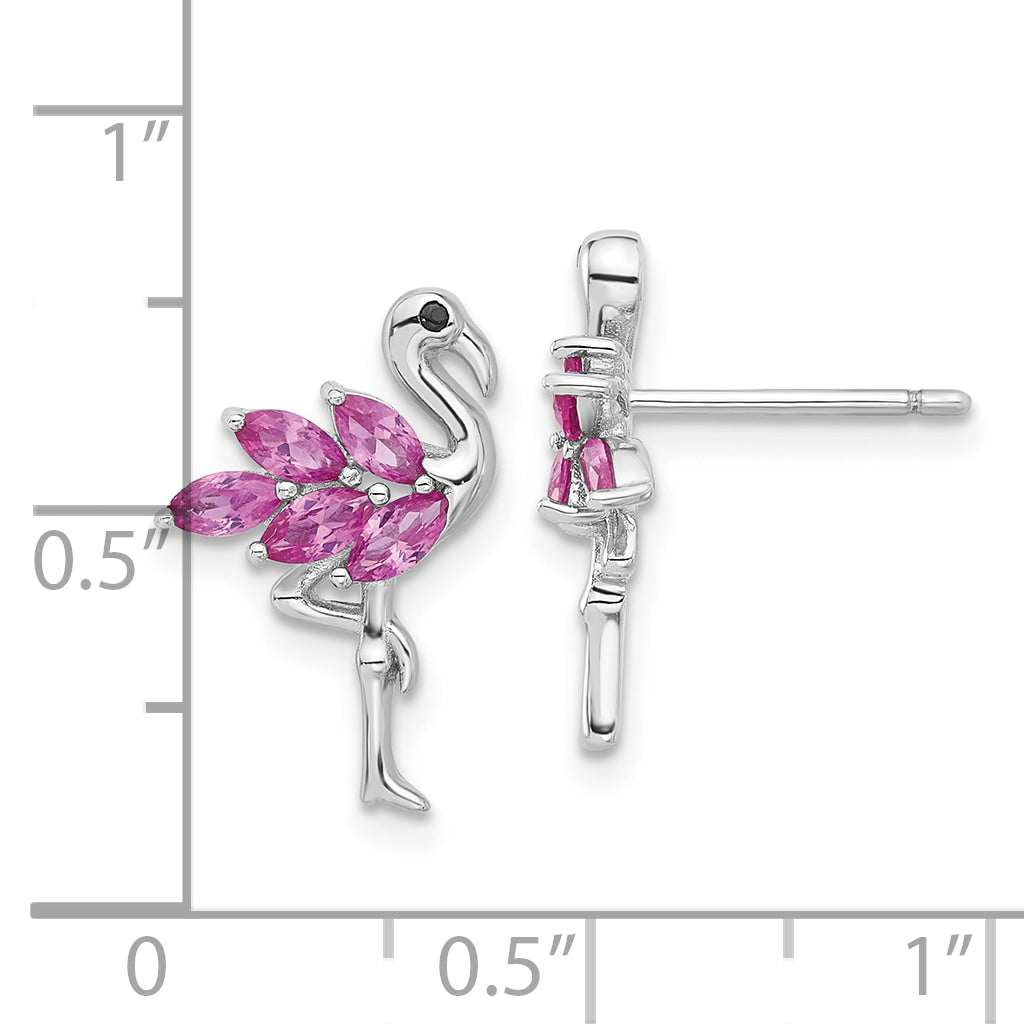 Sterling Silver Rhodium-plated Polished Pink Crystal Flamingo Post Earrings
