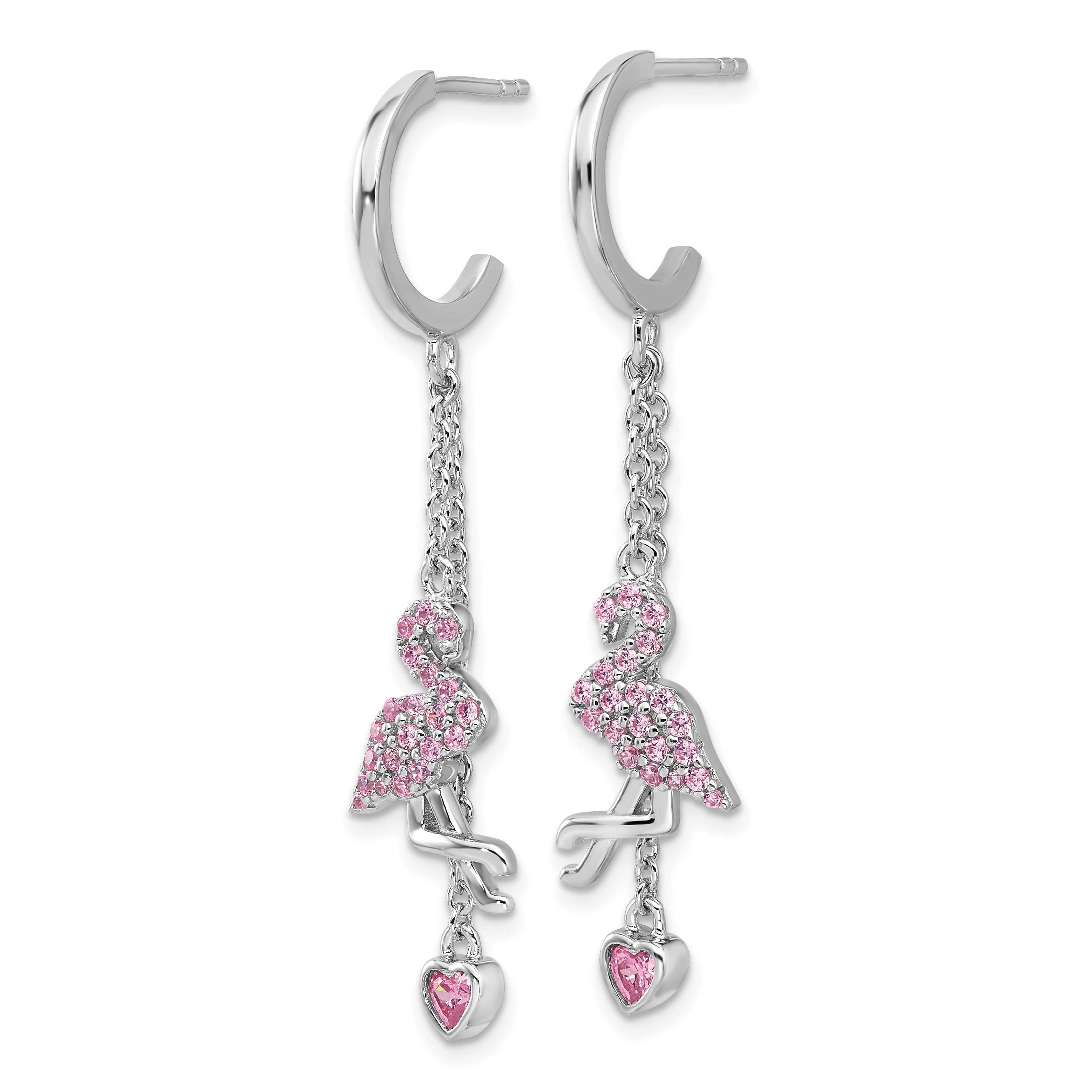 Sterling Silver Rhodium-plated Pink CZ Flamingo Heart Post Hoop Earrings Secondary image