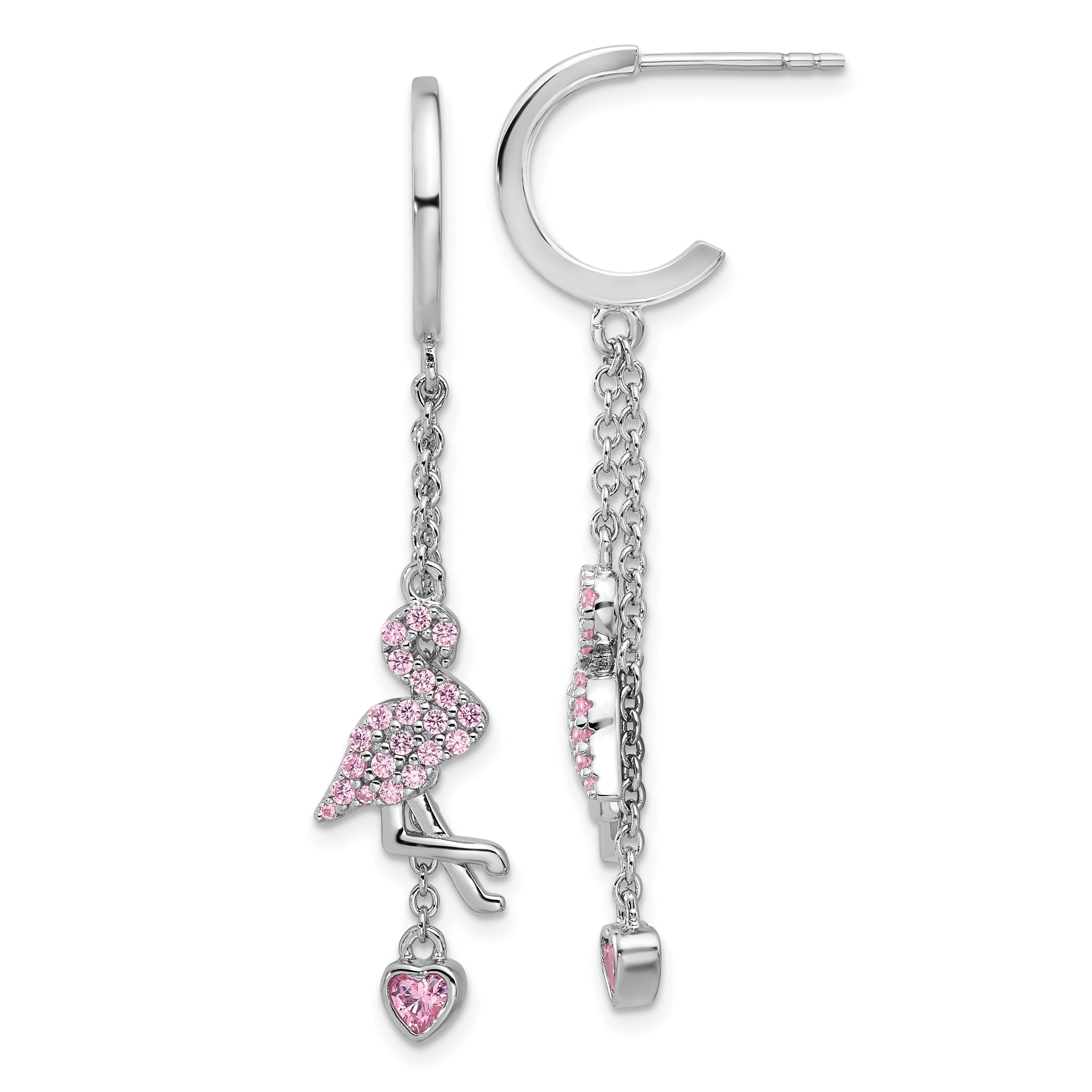 Sterling Silver Rhodium-plated Pink CZ Flamingo Heart Post Hoop Earrings Main image