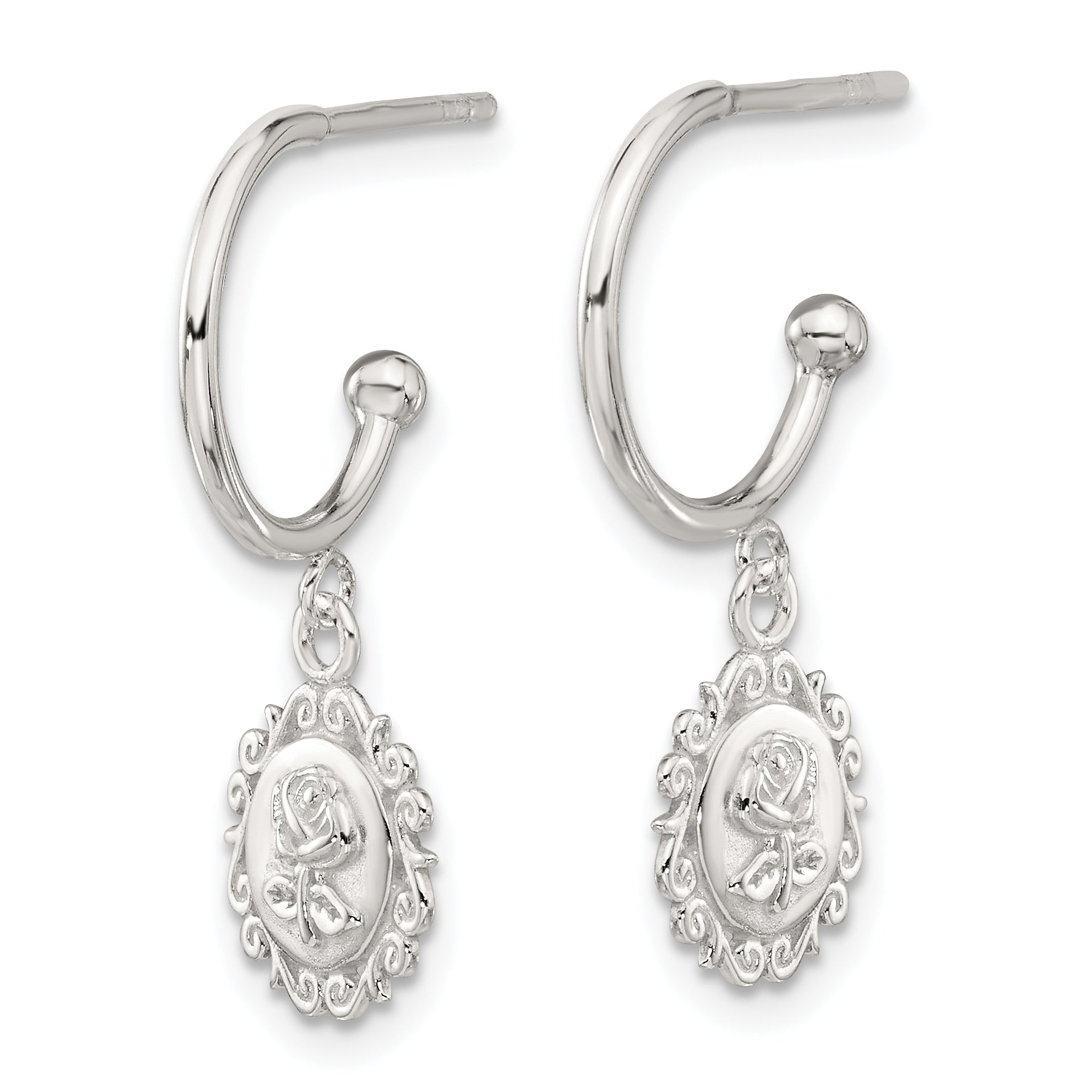 Sterling Silver E-coated Rose Dangle Post Hoop Earrings Secondary image