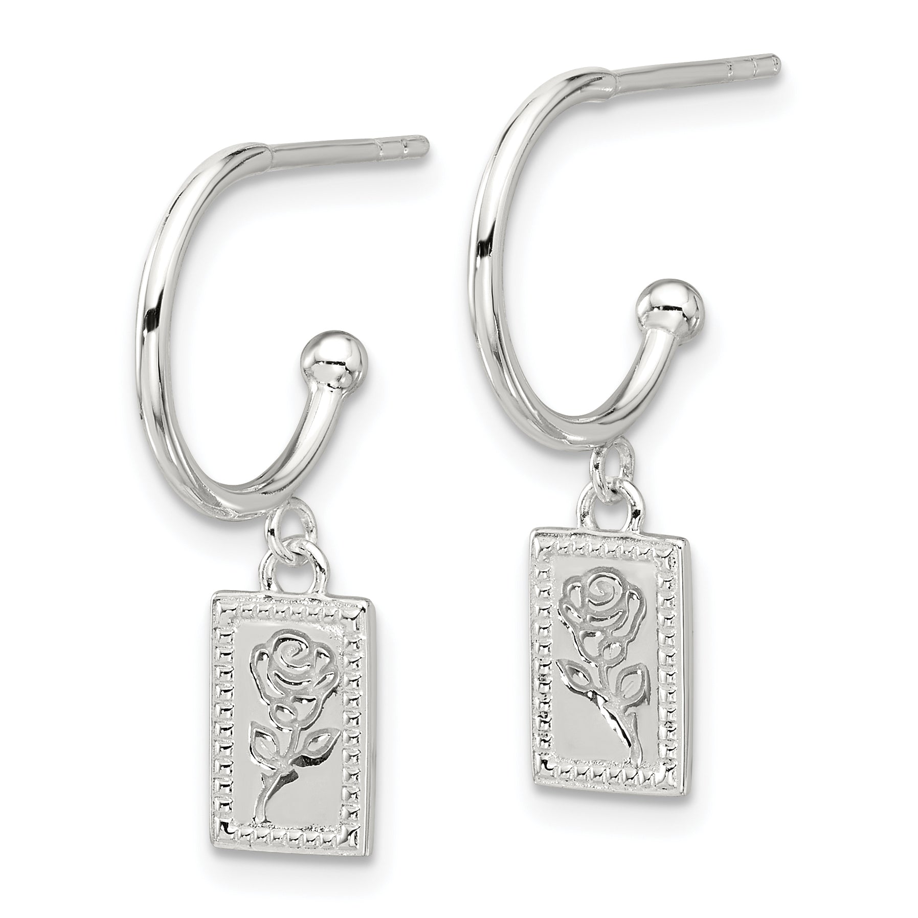 Sterling Silver E-coated Rose Dangle Post Hoop Earrings Secondary image
