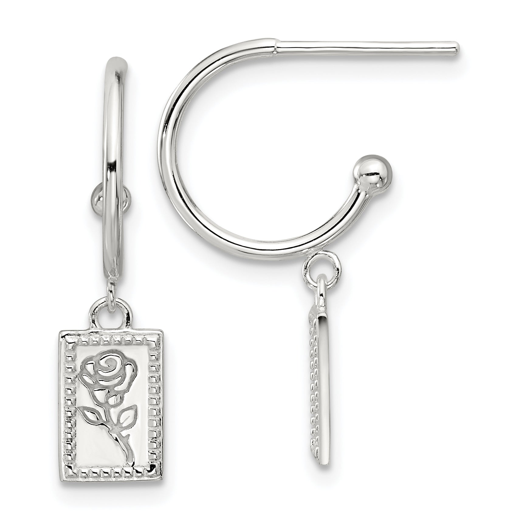 Sterling Silver E-coated Rose Dangle Post Hoop Earrings Main image