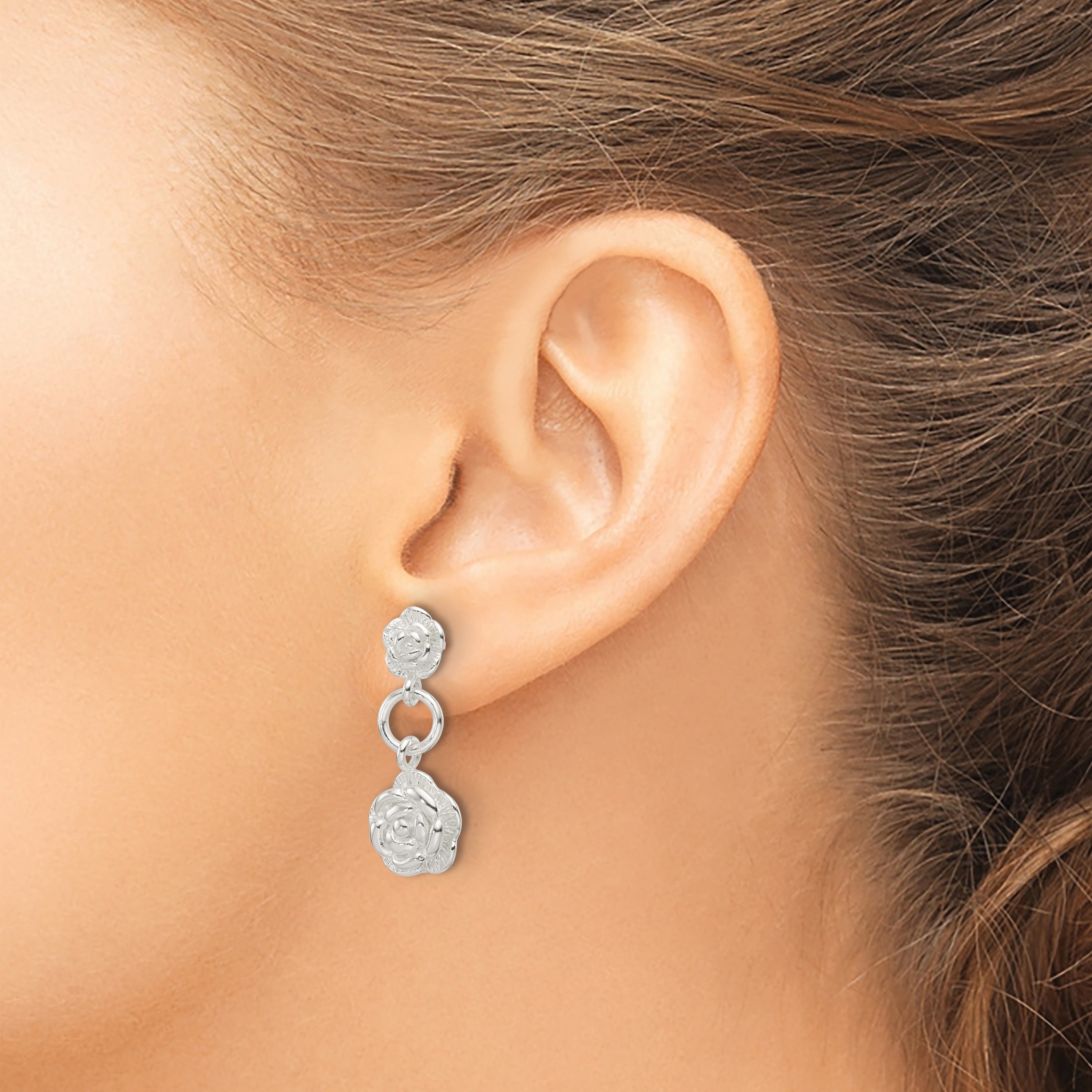Sterling Silver E-Coating Rose Dangle Post Earrings