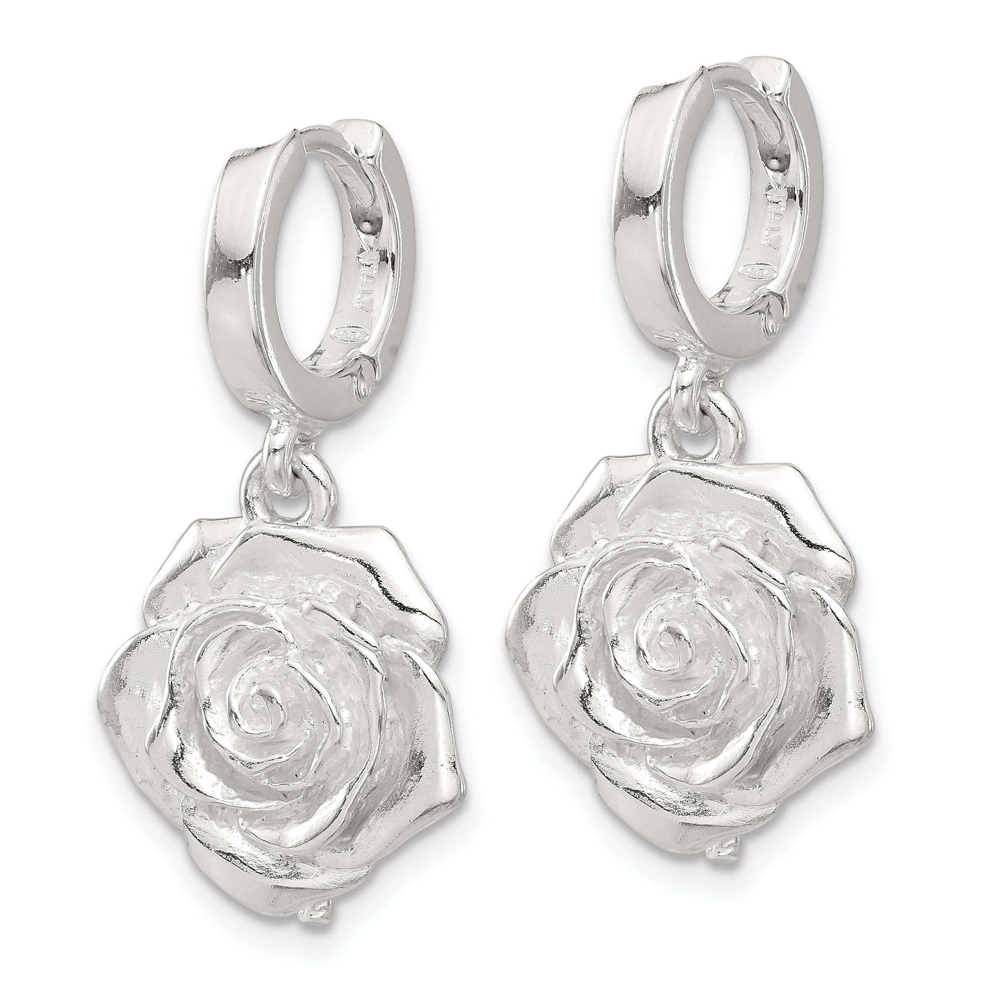 Sterling Silver Rose Dangle Hinged Hoop Earrings Secondary image