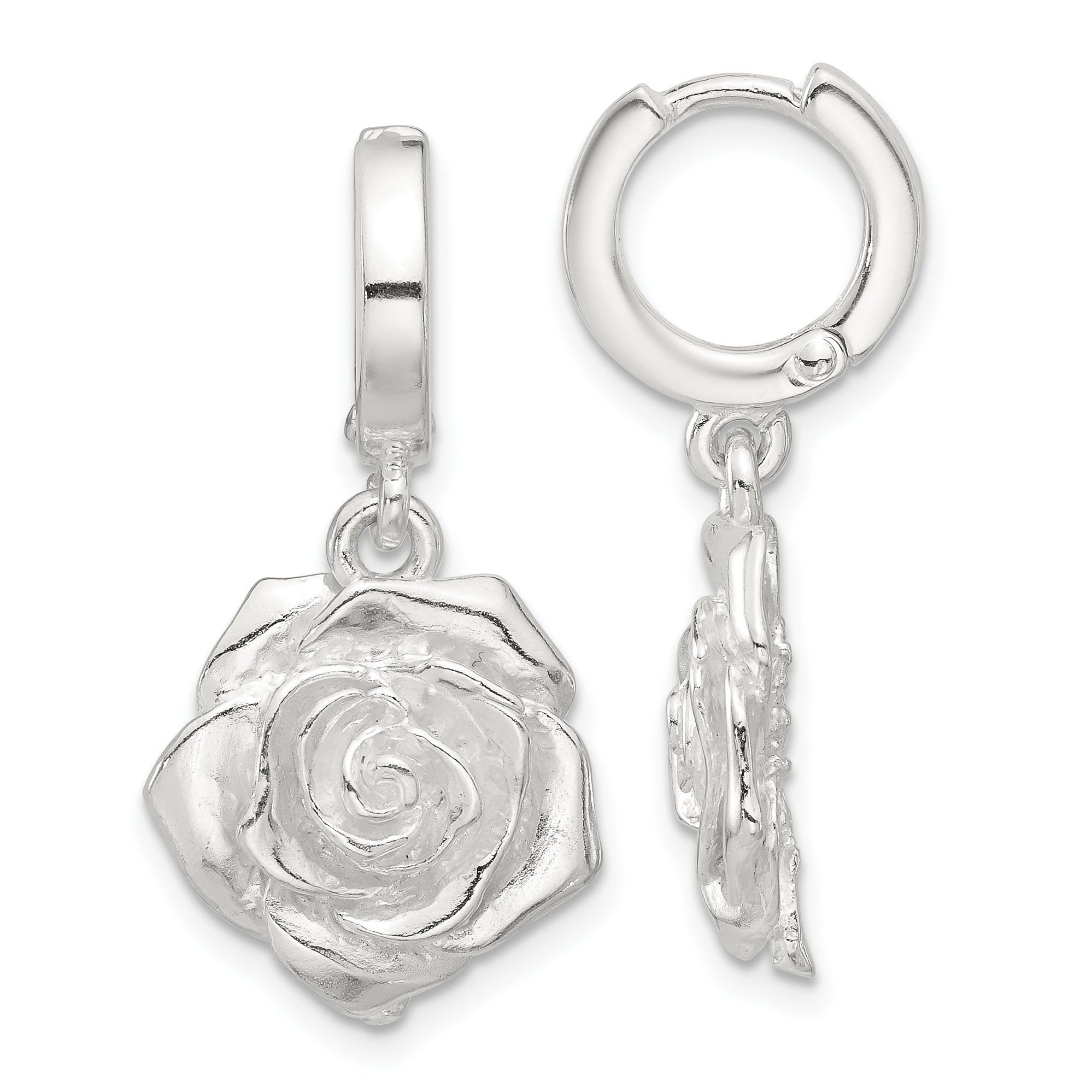 Sterling Silver Rose Dangle Hinged Hoop Earrings Main image