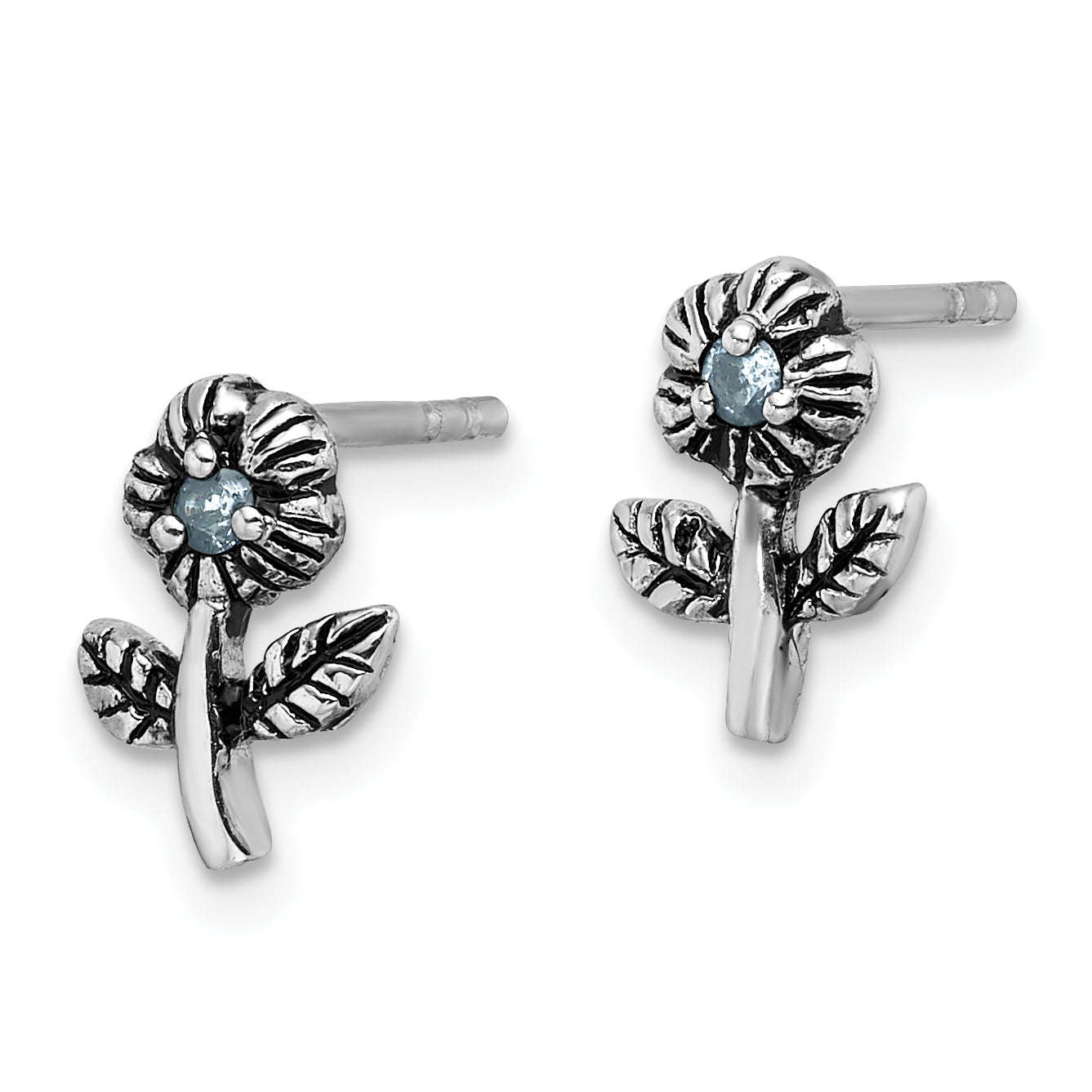 Sterling Silver Rhodium-plated Antiqued w/Blue CZ Flower Post Earrings Secondary image