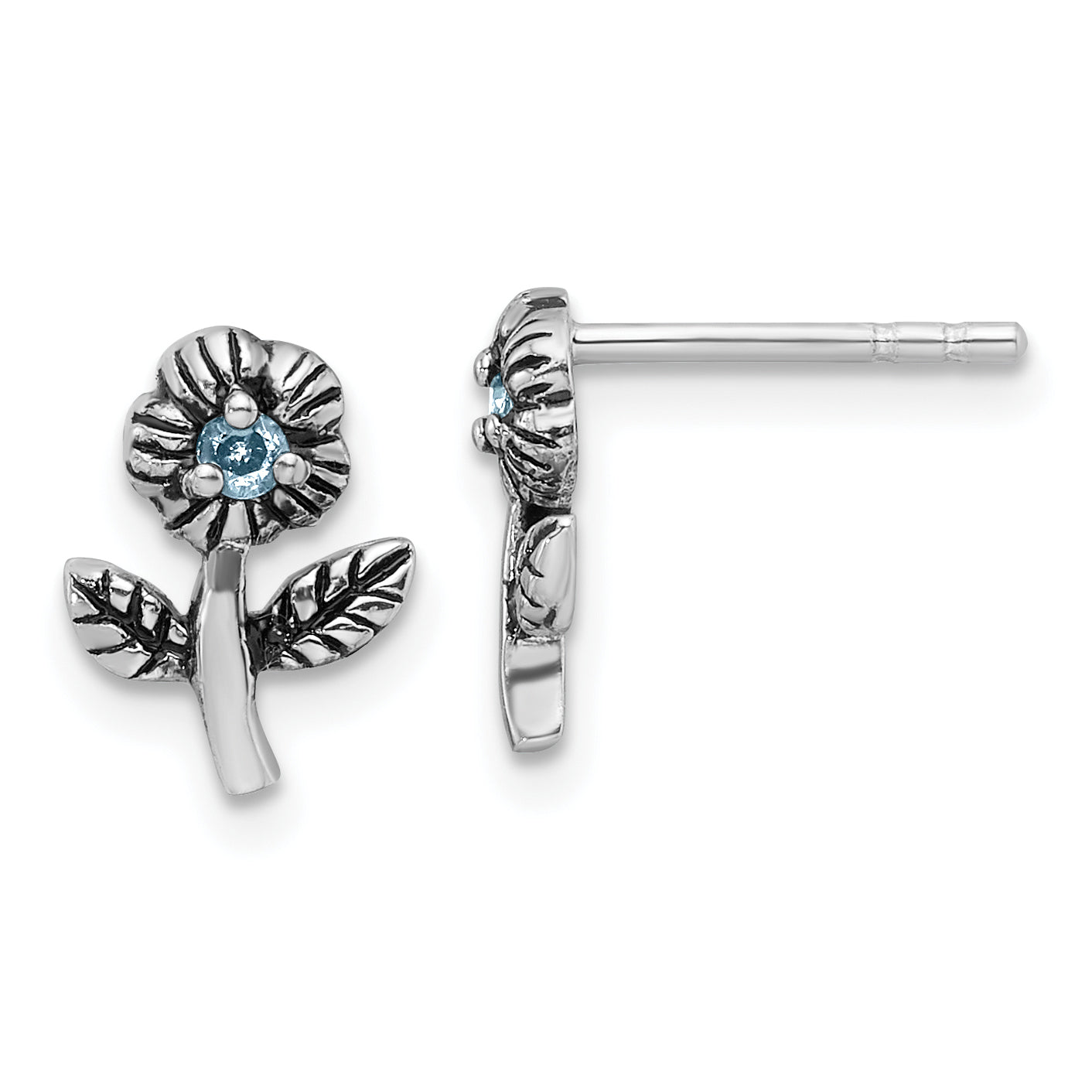 Sterling Silver Rhodium-plated Antiqued w/Blue CZ Flower Post Earrings Main image