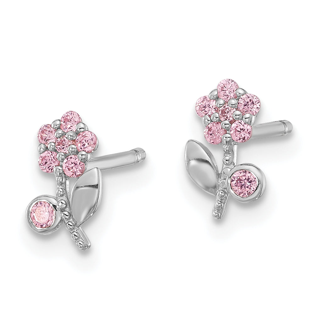 Sterling Silver Rhodium-plated Polished Pink CZ Flower Post Earrings Secondary image