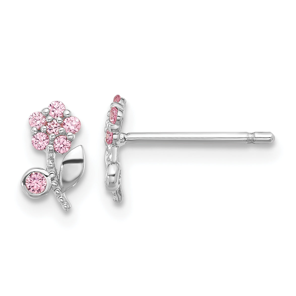 Sterling Silver Rhodium-plated Polished Pink CZ Flower Post Earrings Main image