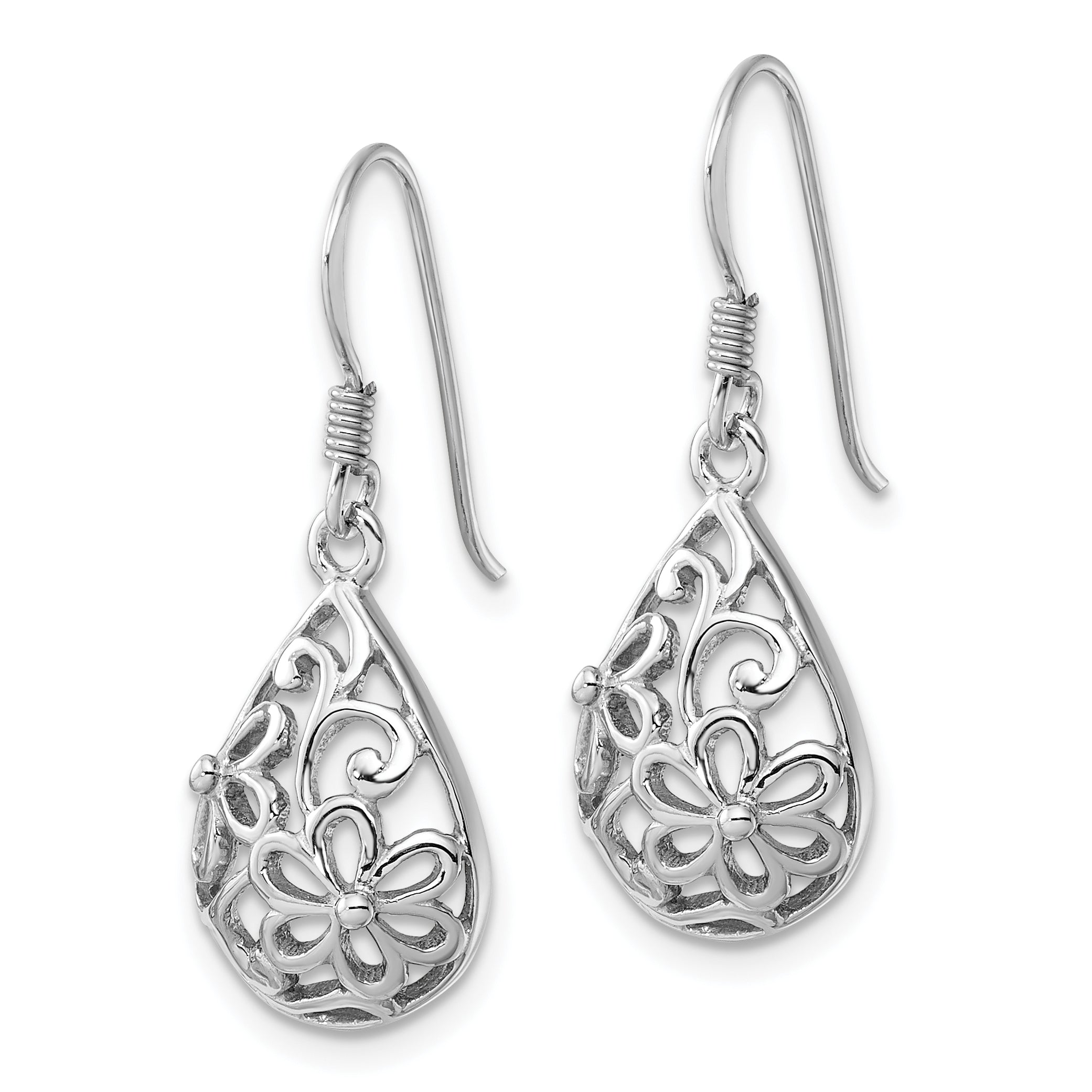Sterling Silver Rhodium-Plated Polished Domed Filigree Flower Earrings Secondary image