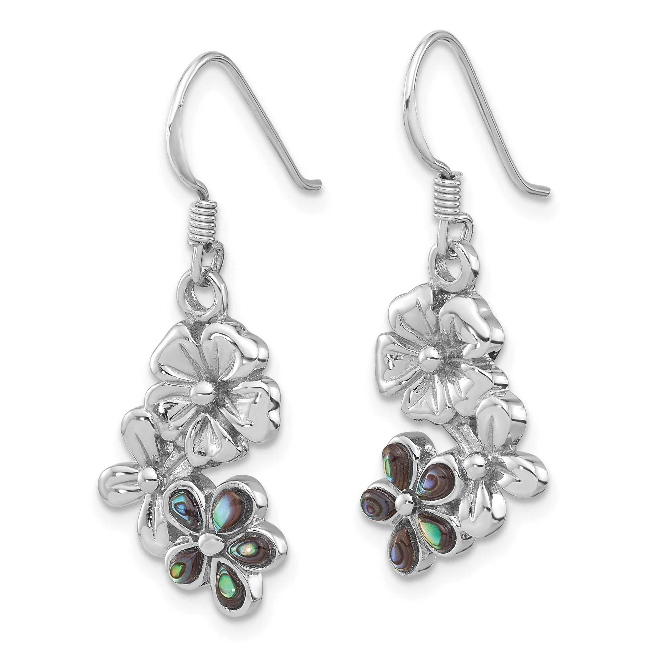 Sterling Silver Rhodium-Plated Polished Abalone Trio Flower Earrings Secondary image