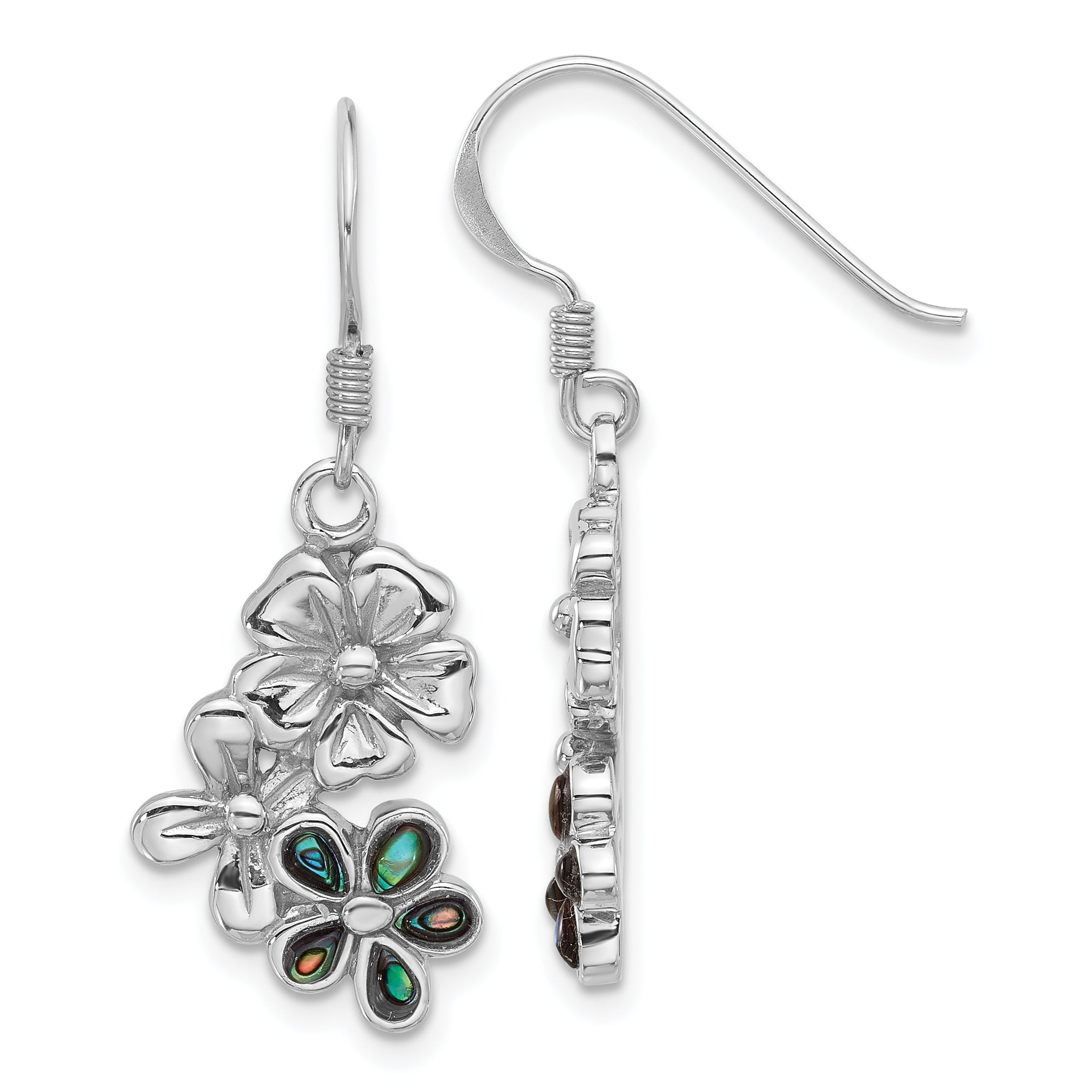 Sterling Silver Rhodium-Plated Polished Abalone Trio Flower Earrings Main image