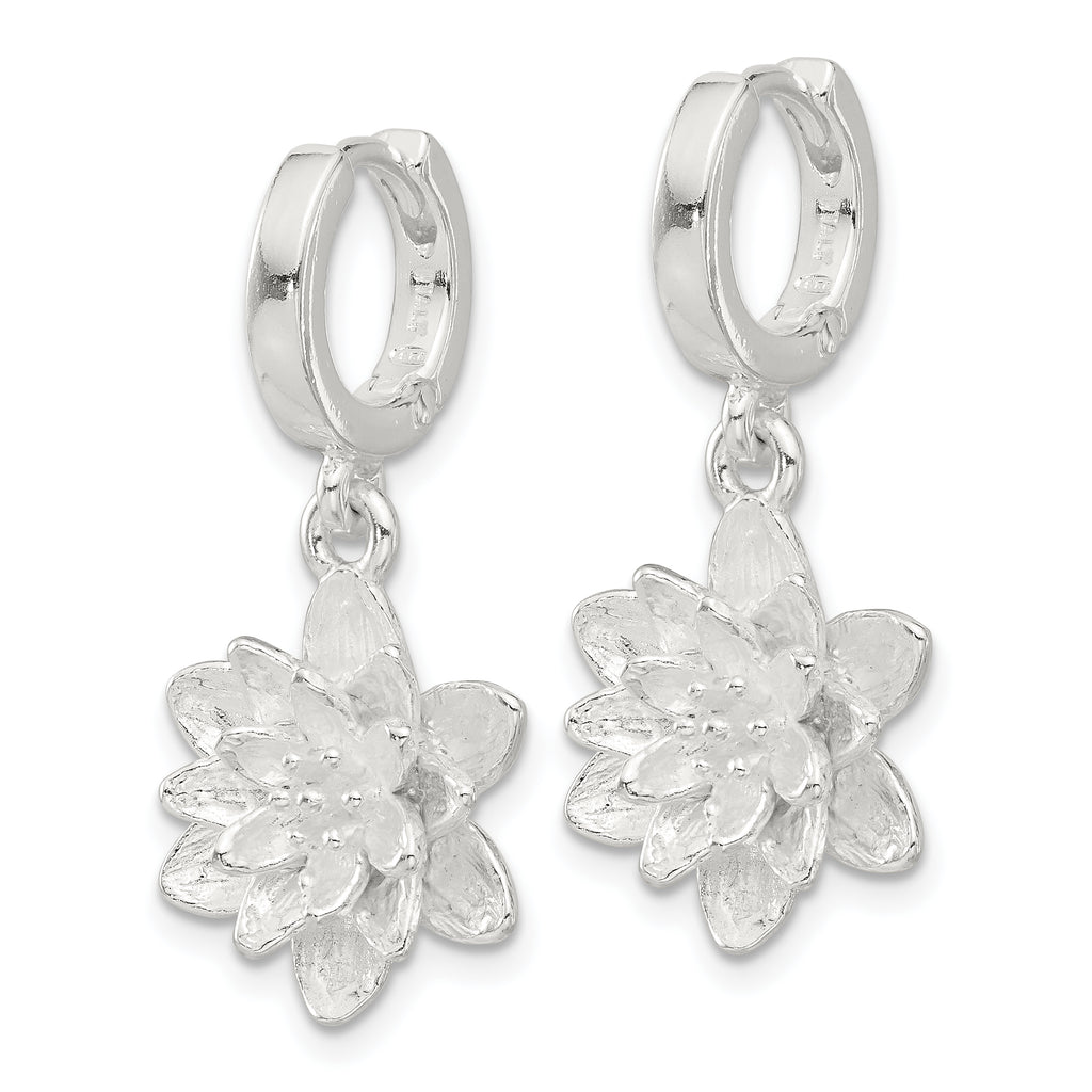 Sterling Silver Lotus Flower Dangle Hinged Hoop Earrings