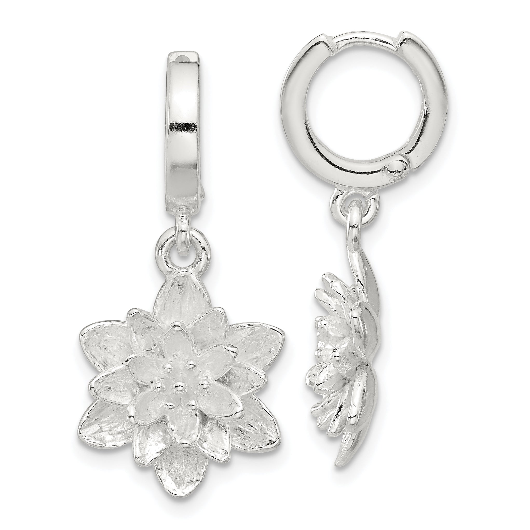 Sterling Silver Lotus Flower Dangle Hinged Hoop Earrings Main image