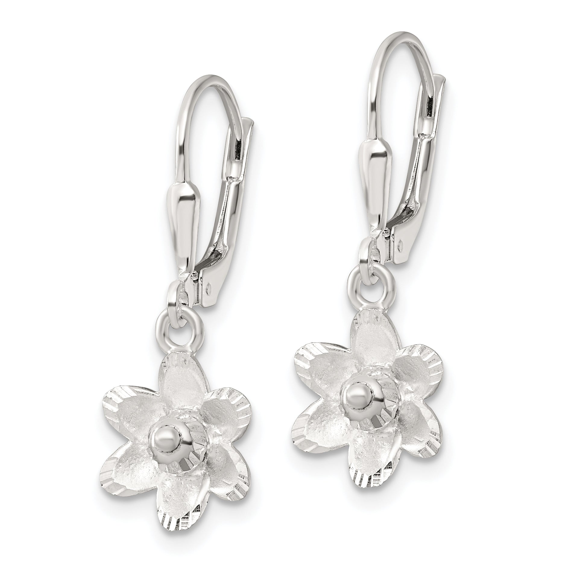 Sterling Silver Satin Polished and D/C Floral Leverback Earrings