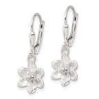Sterling Silver Satin Polished and D/C Floral Leverback Earrings