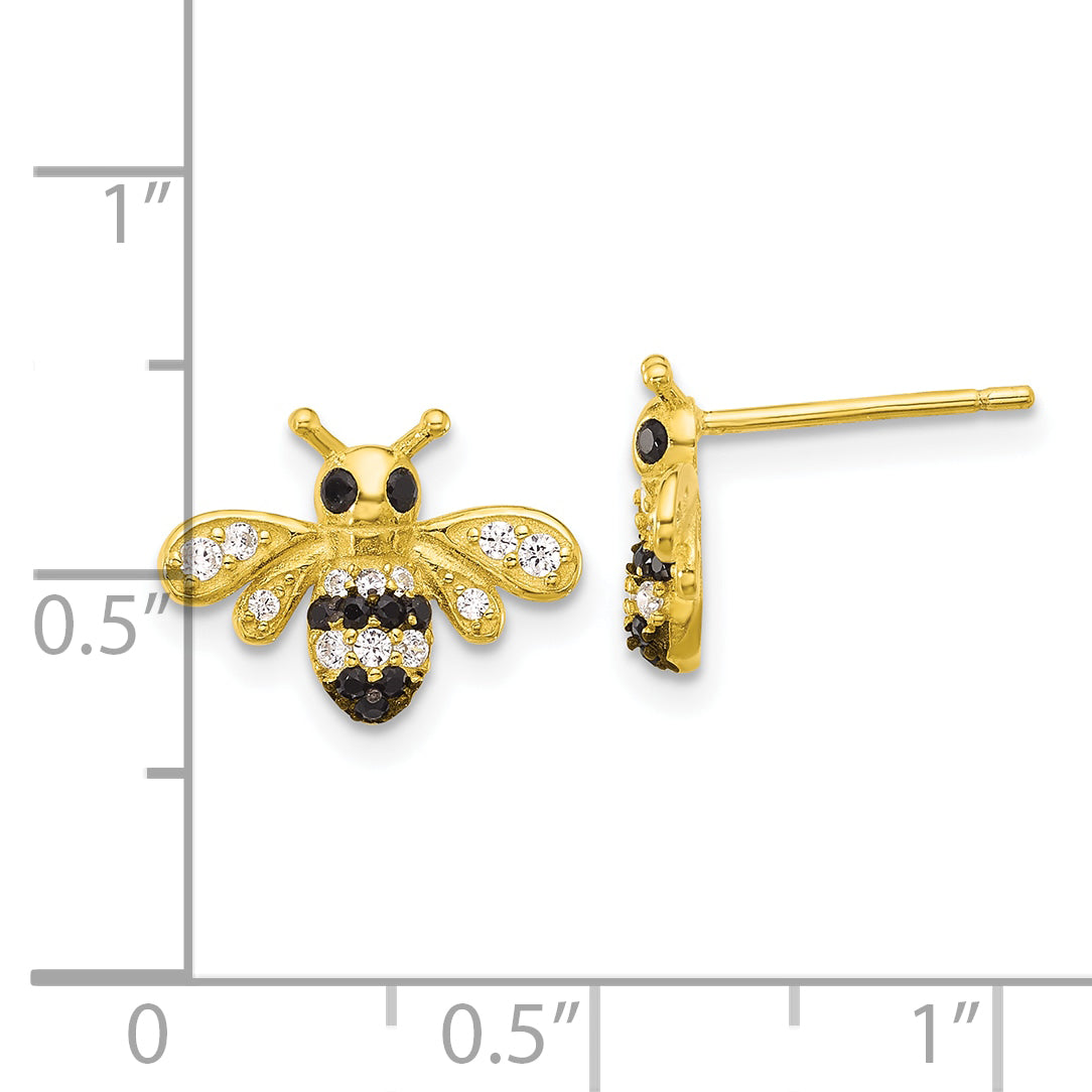 Sterling Silver Gold-tone Blk Rhod Bee with Black/White CZ Post Earrings