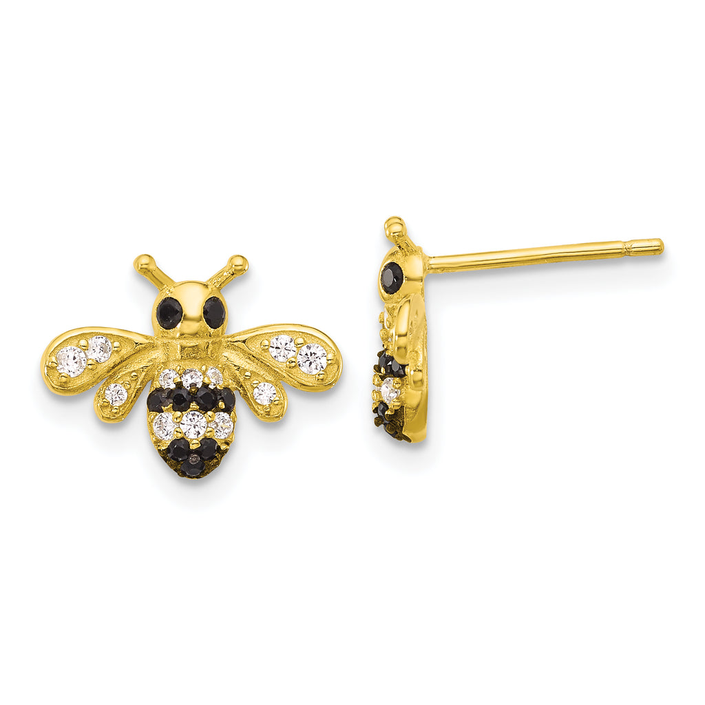 Sterling Silver Gold-tone Blk Rhod Bee with Black/White CZ Post Earrings