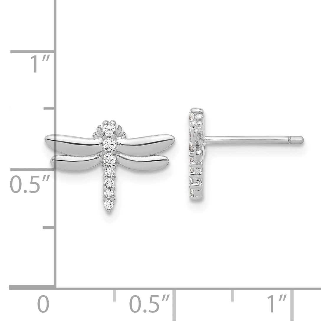 Sterling Silver Rhodium-plated CZ Dragonfly Post Earrings