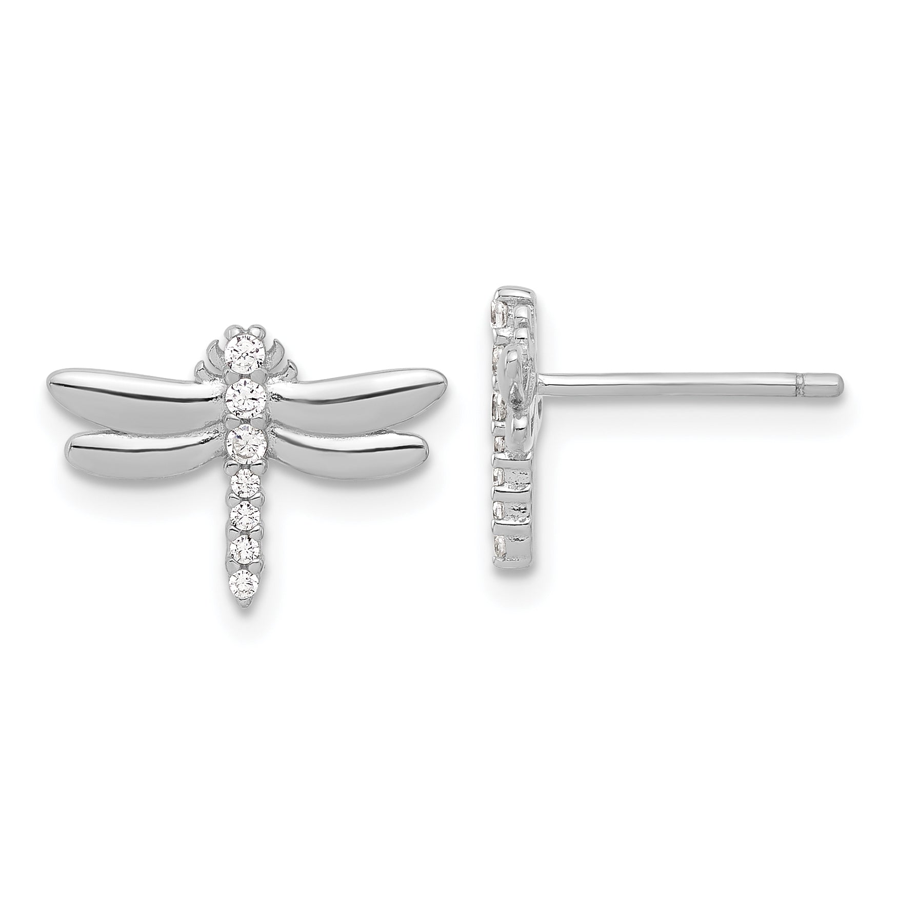 Sterling Silver Rhodium-plated CZ Dragonfly Post Earrings