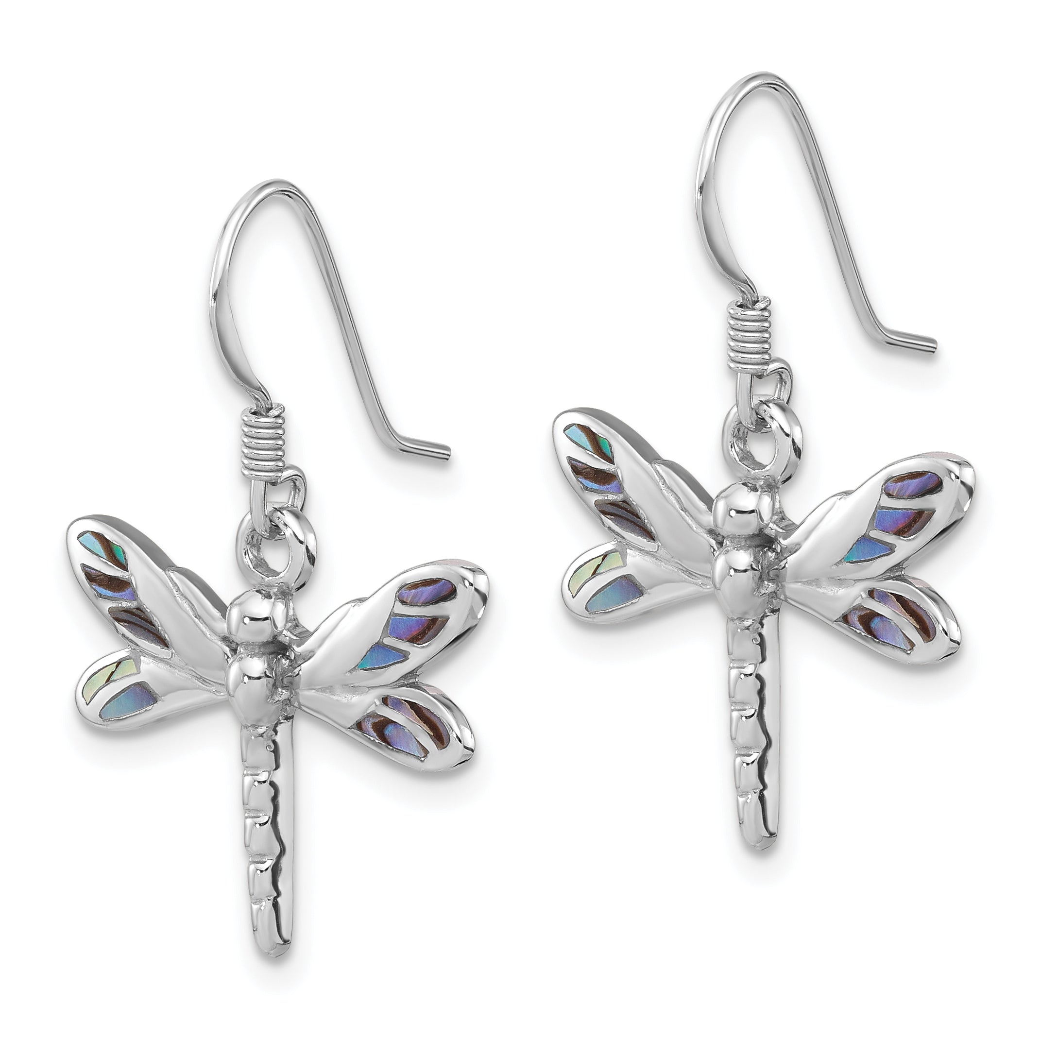 Sterling Silver Rhodium-Plated Polished Abalone Dragonfly Earrings Secondary image