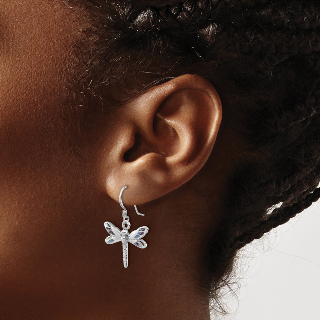 Sterling Silver Rhodium-Plated Polished Abalone Dragonfly Earrings