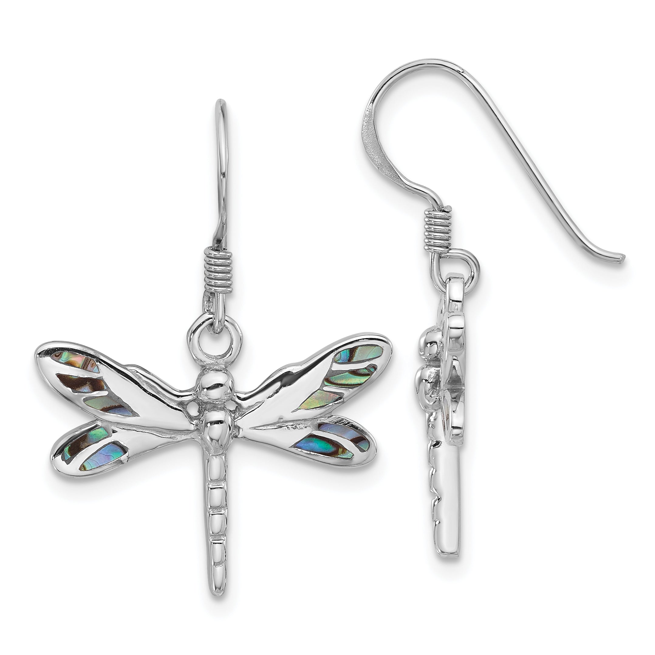 Sterling Silver Rhodium-Plated Polished Abalone Dragonfly Earrings Main image