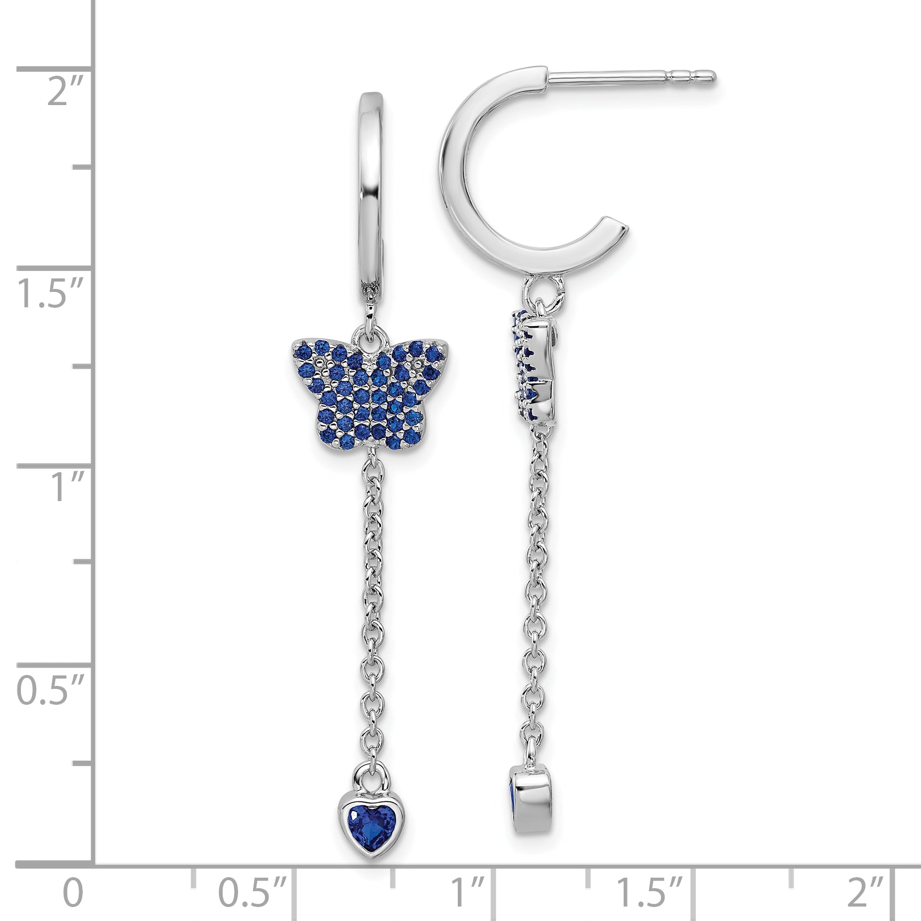 True Fire Sterling Silver Rhod-plated Blue CZ Butterfly Heart Post Hoop Ear