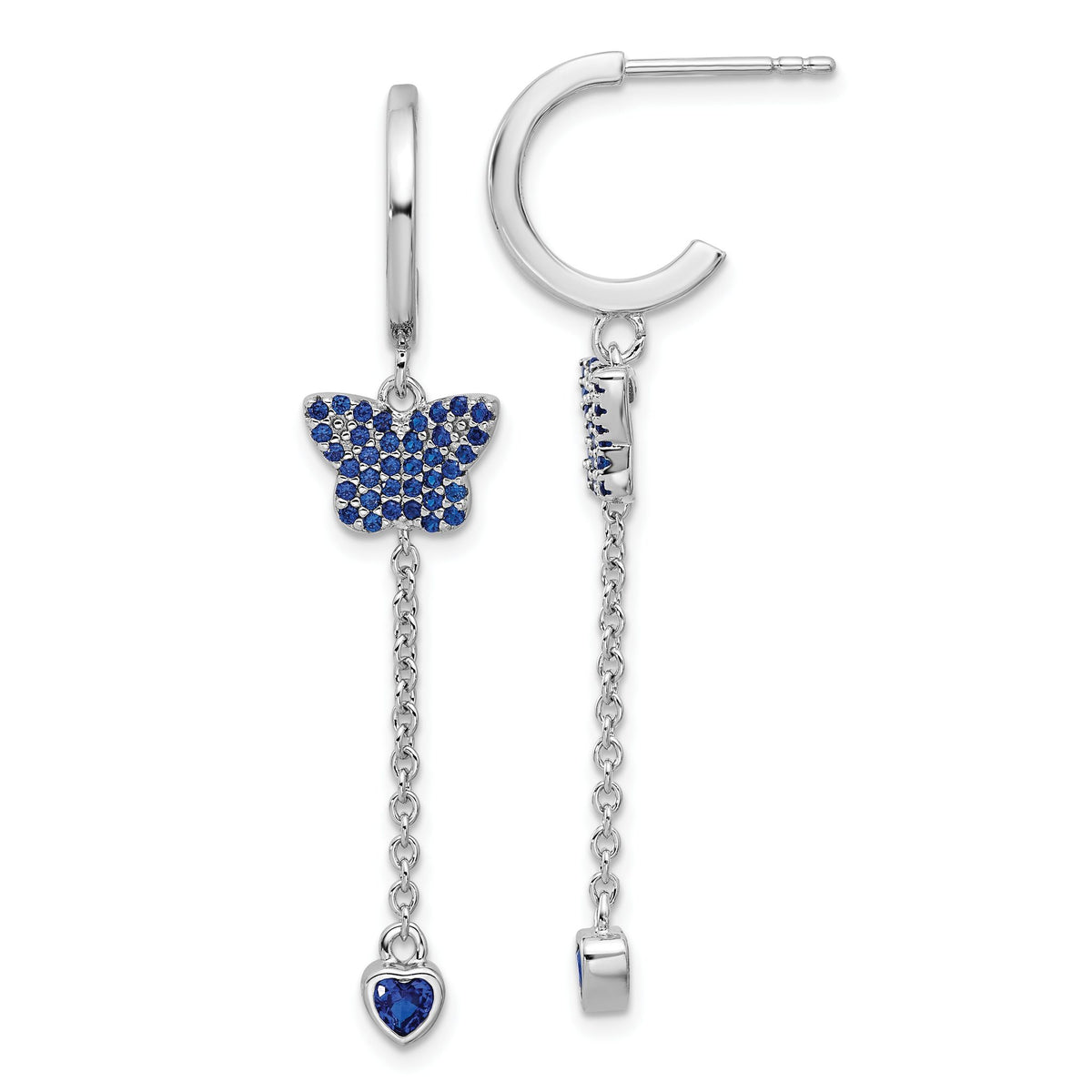 Blue Cubic Zirconia Heart Ear Hoop Stud Earrings in Sterling Silver, 48mm - Sophia Jewelers Main image