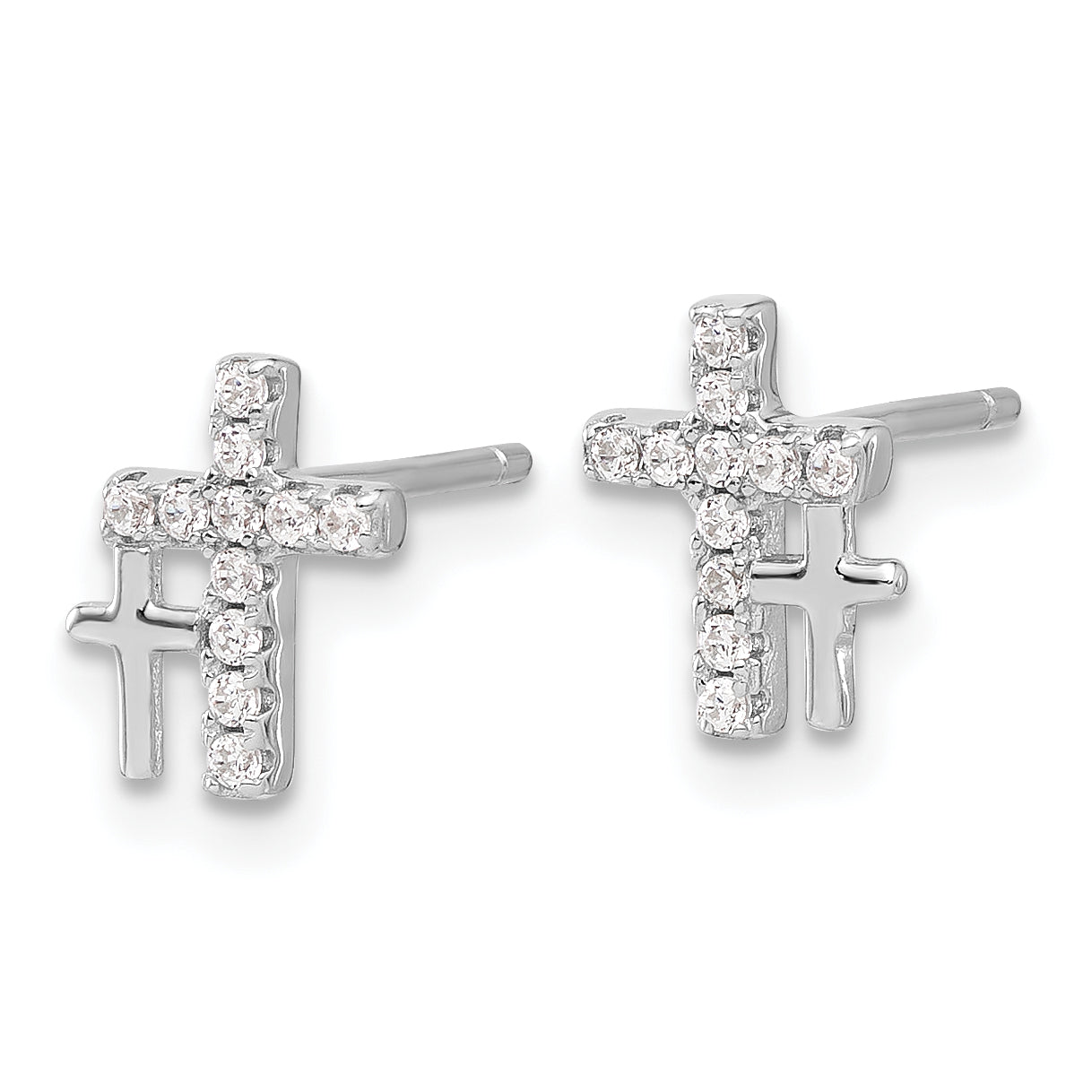 Sterling Silver Rhodium-plated Polished CZ Double Cross Post Earrings Secondary image