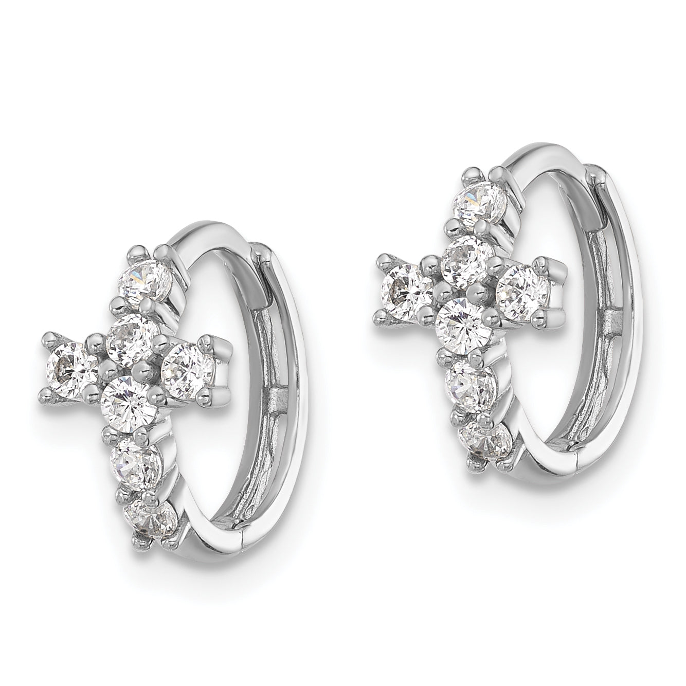 Sterling Silver RH-plated Polished CZ Cross Hinged Round Hoop Earrings Secondary image