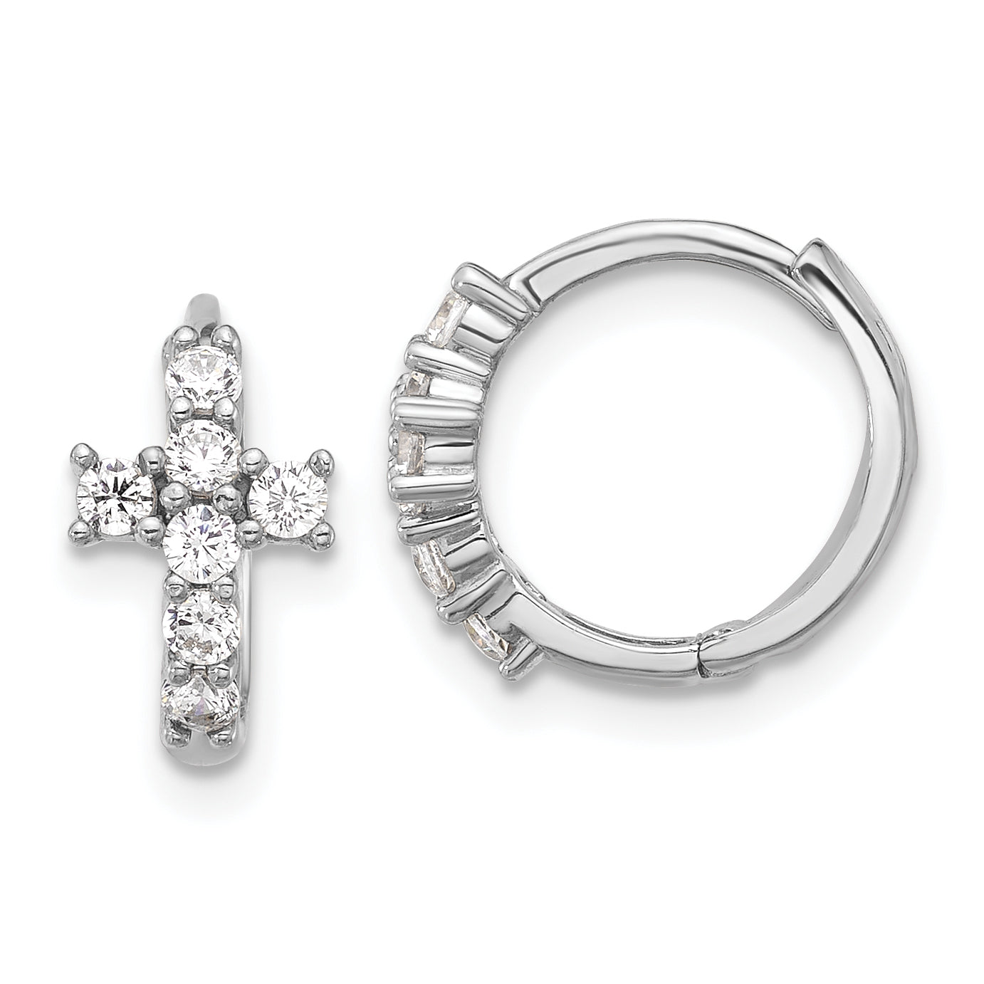 Sterling Silver RH-plated Polished CZ Cross Hinged Round Hoop Earrings Main image