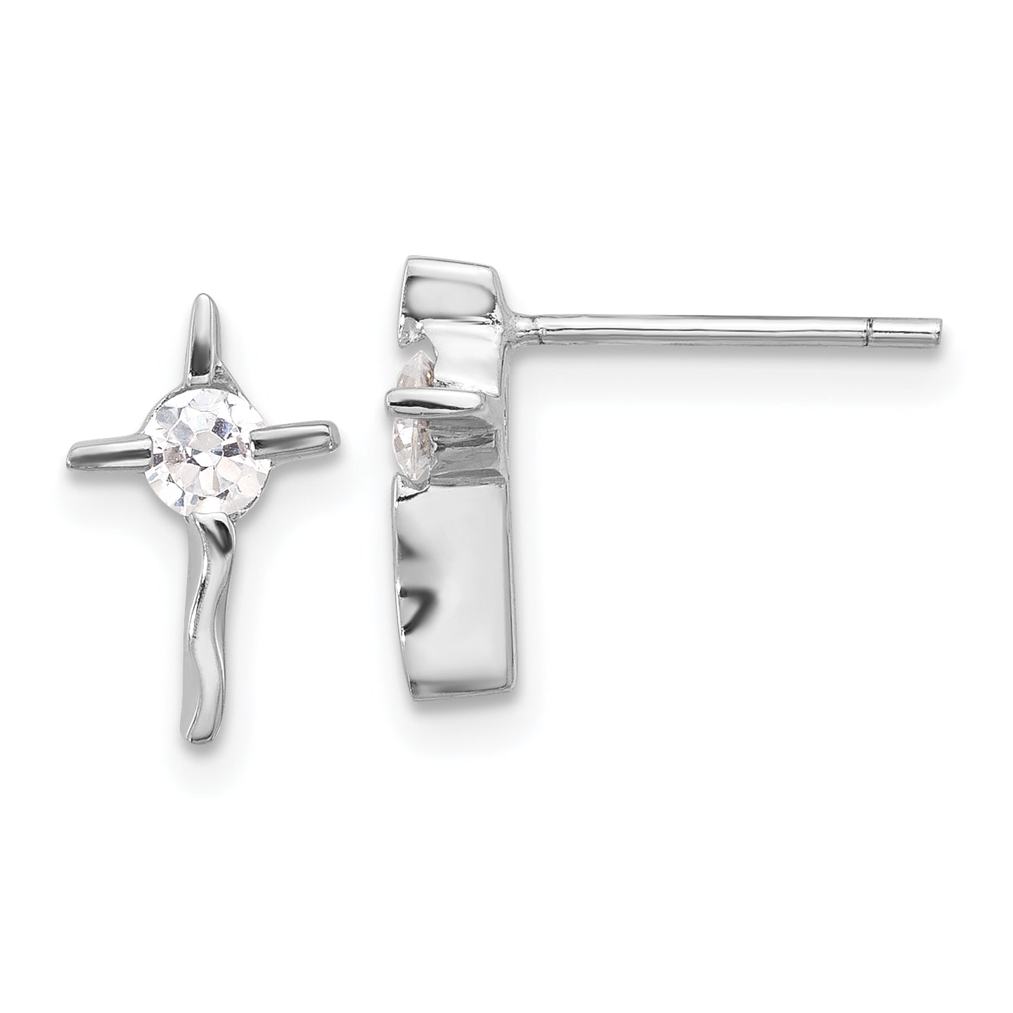 Sterling Silver Rhodium-plated Polished CZ Wavy Cross Post Earrings Main image