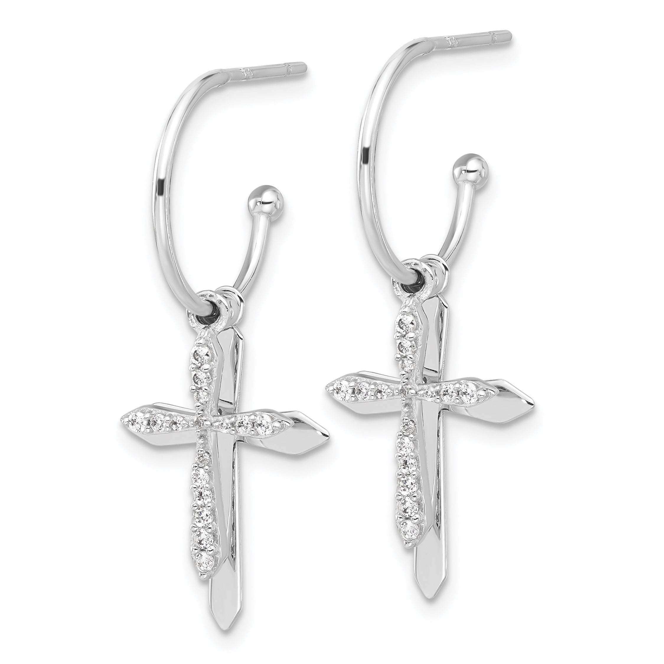 Sterling Silver Polished CZ Cross Dangle Post C-Hoop Earrings Secondary image