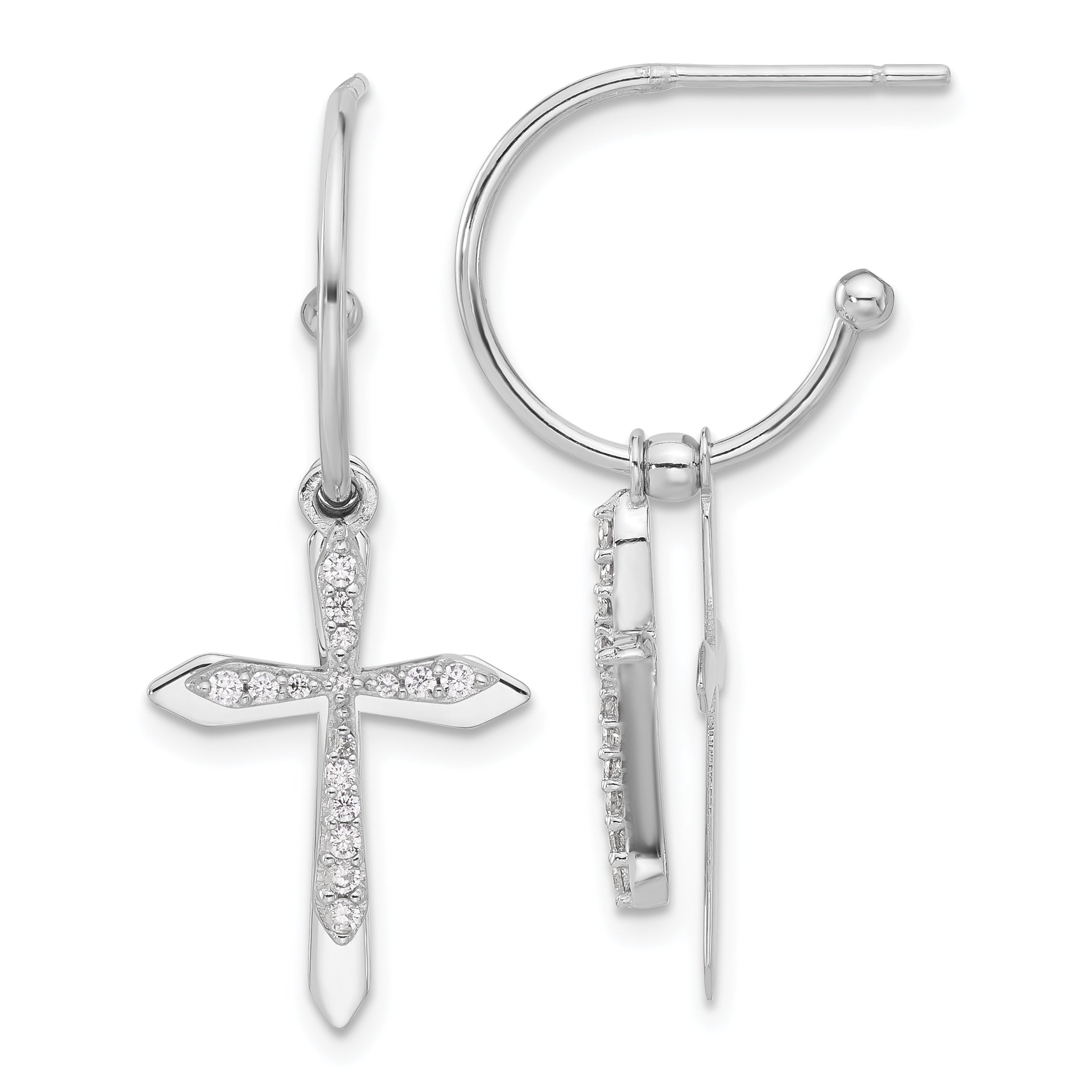 Sterling Silver Polished CZ Cross Dangle Post C-Hoop Earrings Main image