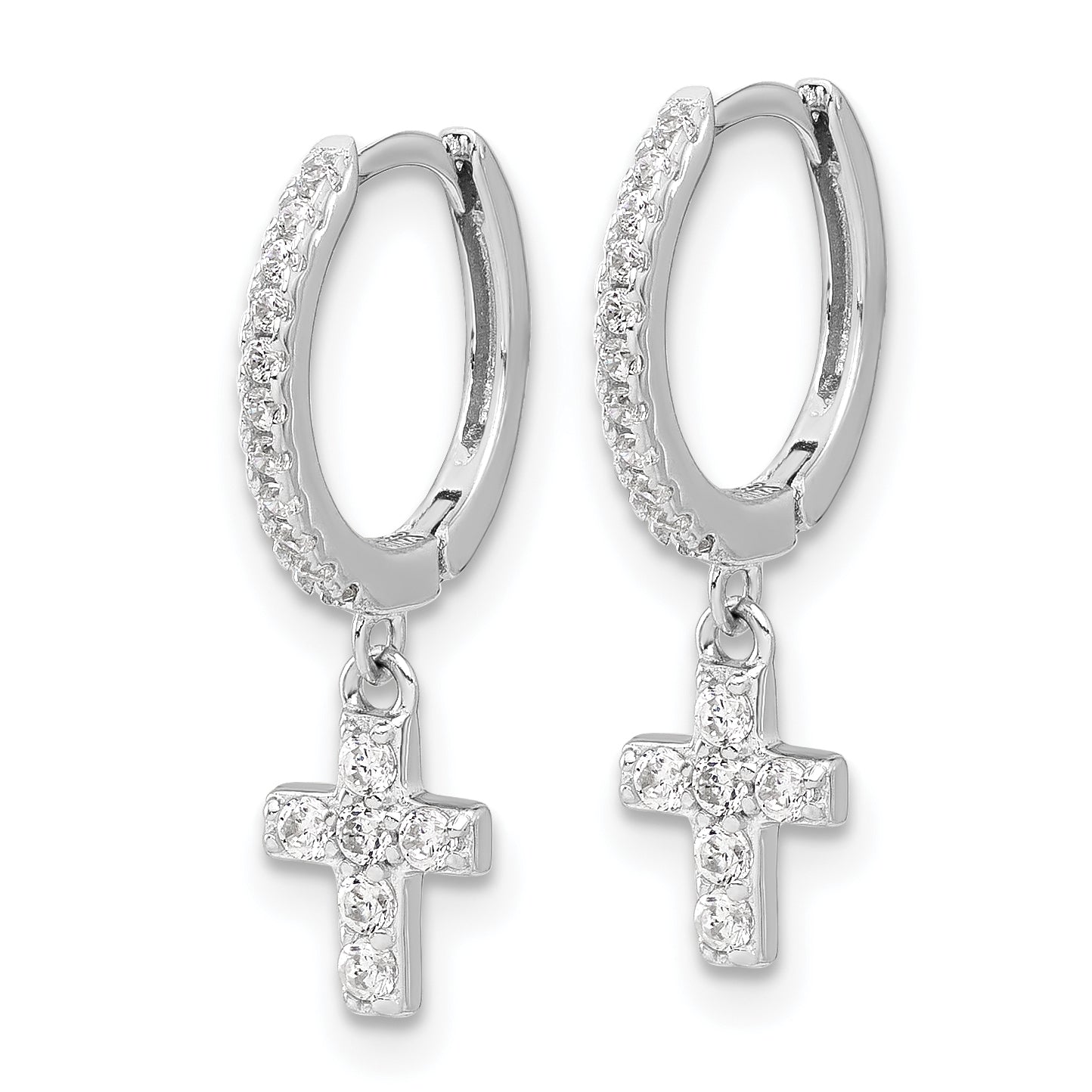 Sterling Silver RH-plated Polished CZ Cross Dangle Round Hoop Earrings Secondary image