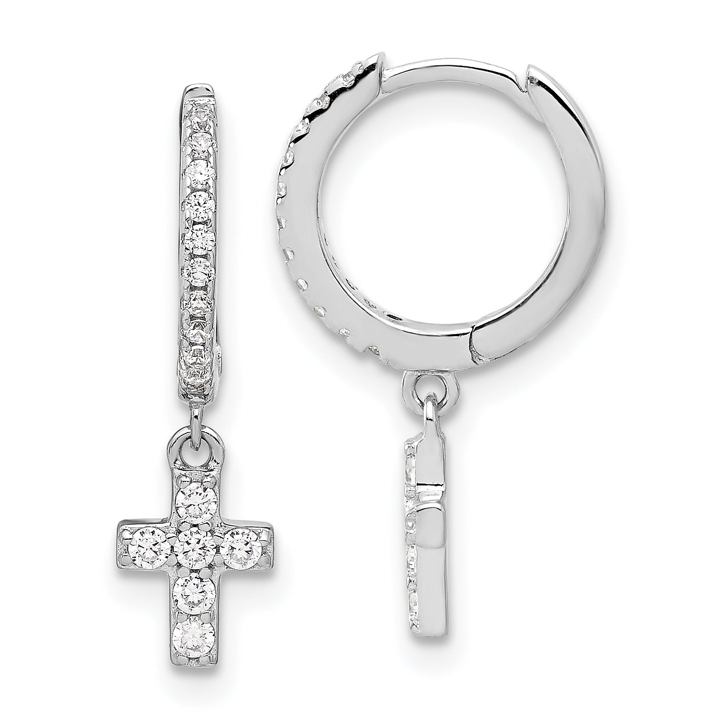 Sterling Silver RH-plated Polished CZ Cross Dangle Round Hoop Earrings Main image