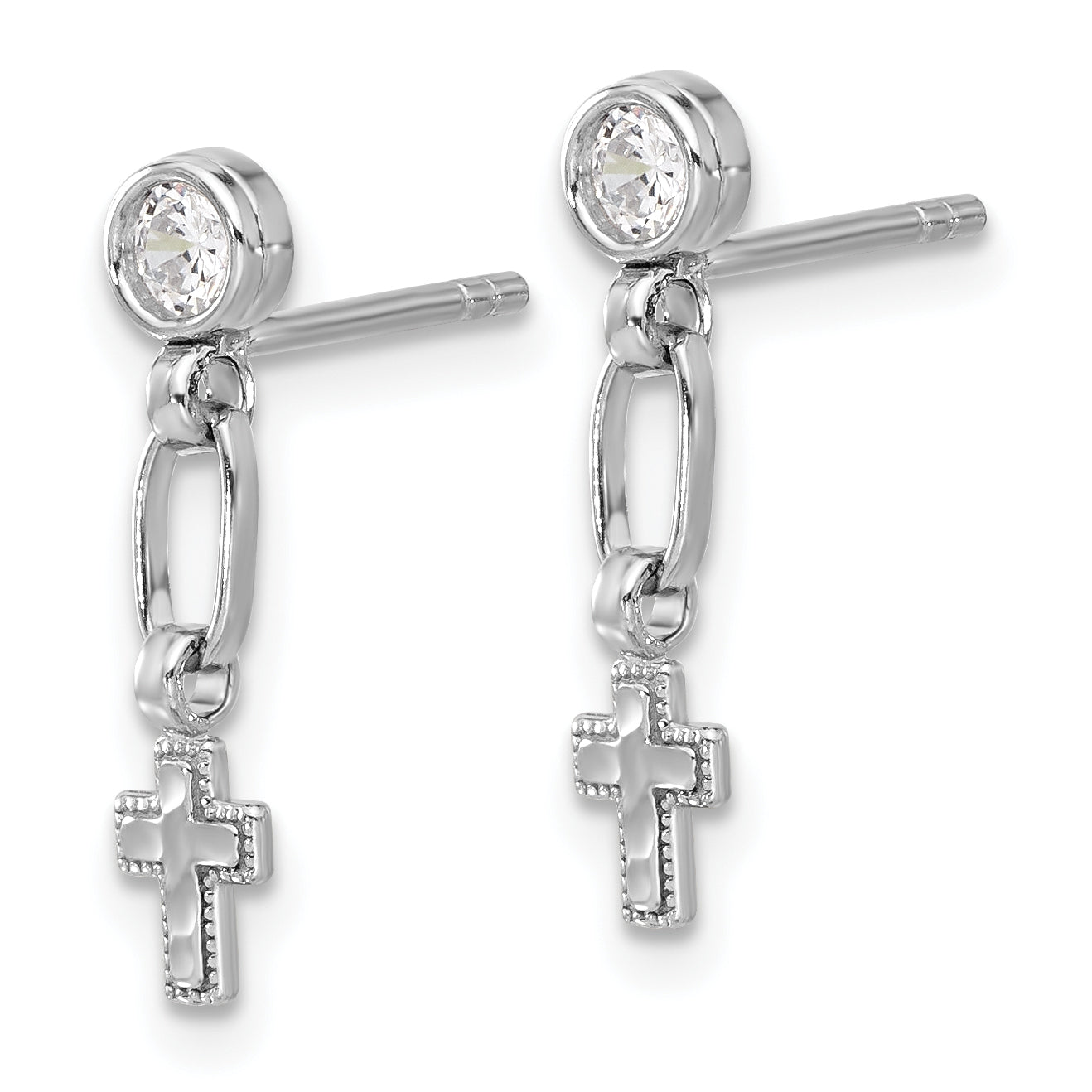 Sterling Silver RH-plated Polished & Textured CZ Cross Post Dangle Earrings Secondary image