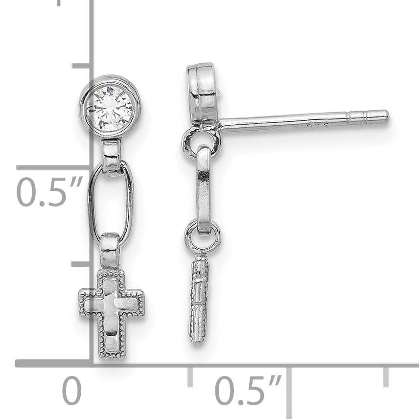 Sterling Silver RH-plated Polished & Textured CZ Cross Post Dangle Earrings