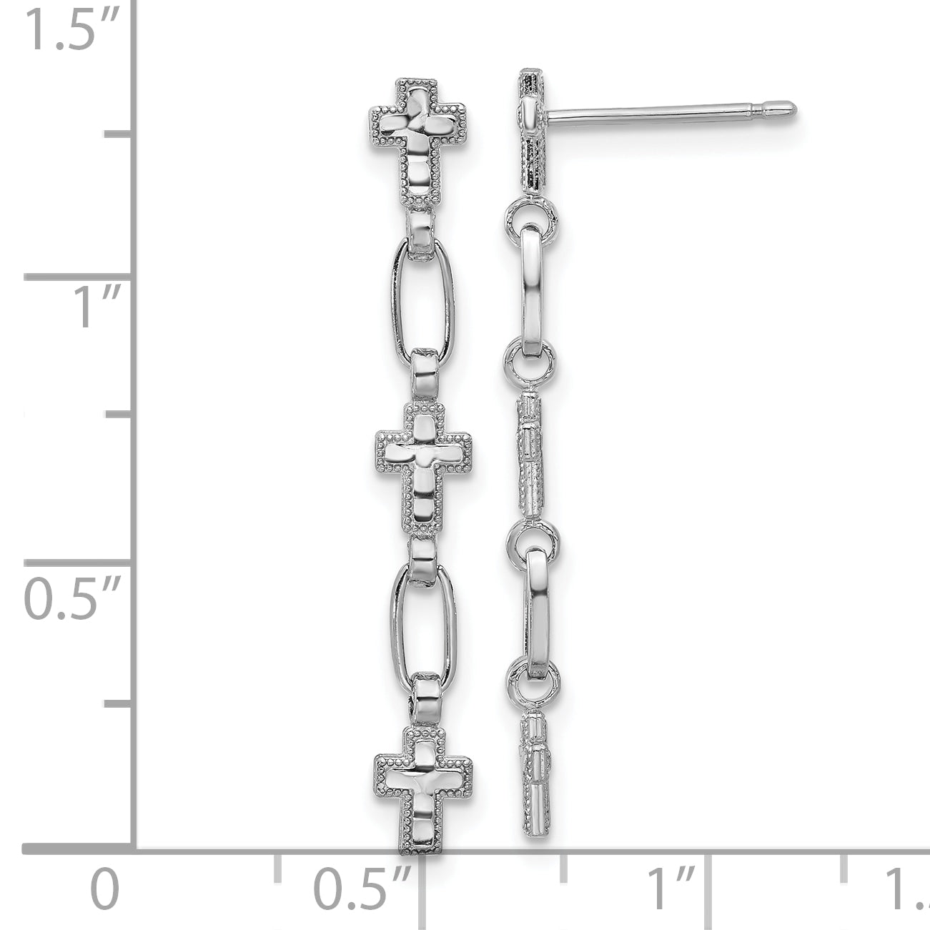 Sterling Silver RH-plated Polished & Textured Cross Post Dangle Earrings
