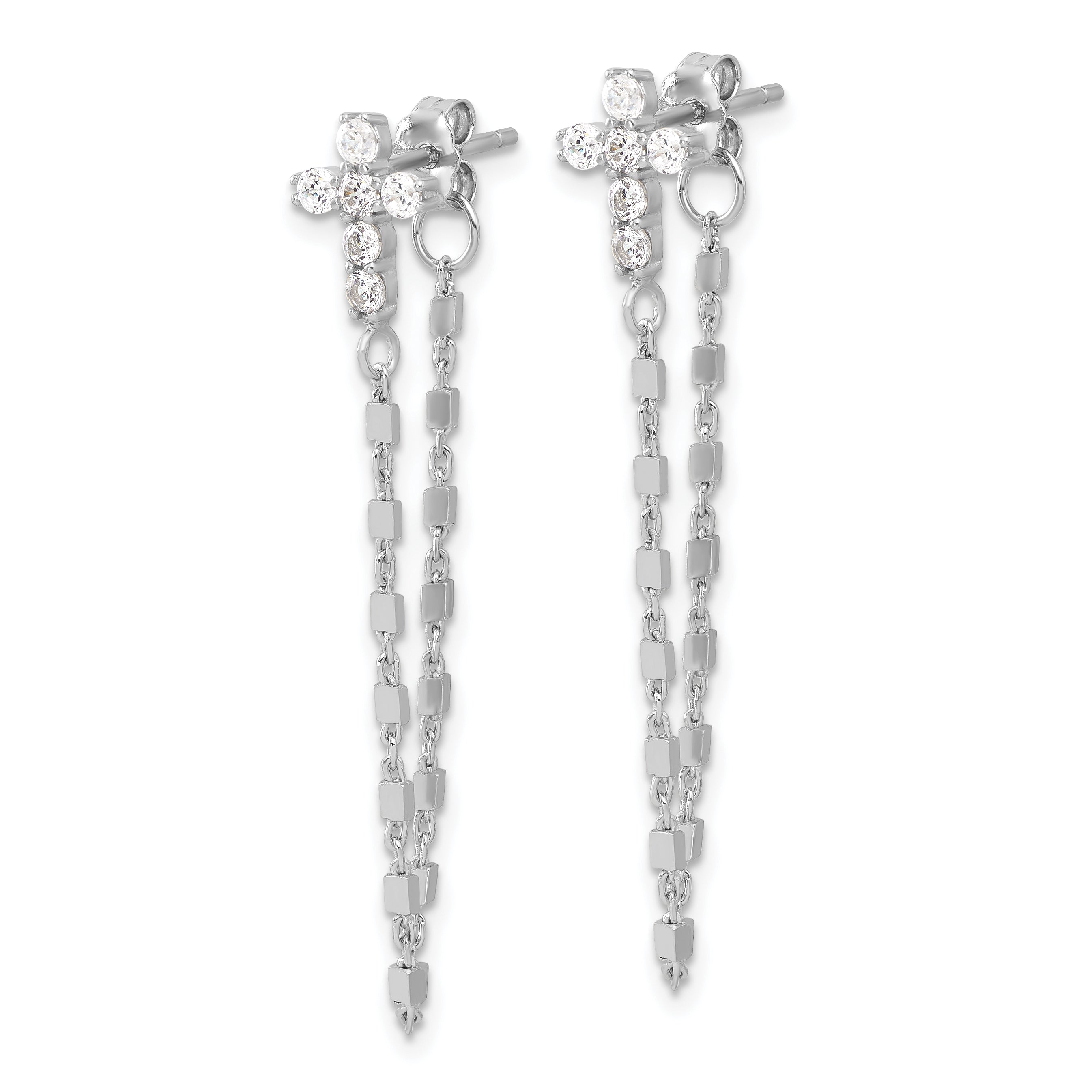Sterling Silver RH-pltd CZ Cross w/Chain Front & Back Post Dangle Earrings Secondary image