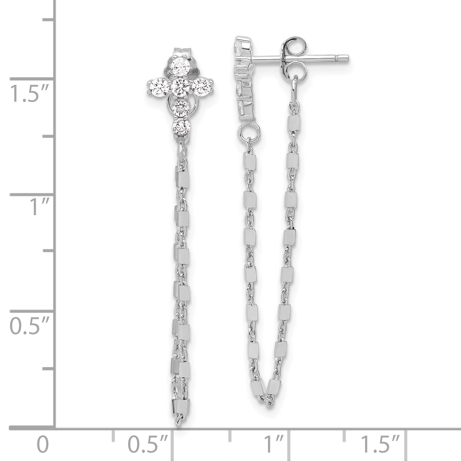 Sterling Silver RH-pltd CZ Cross w/Chain Front & Back Post Dangle Earrings