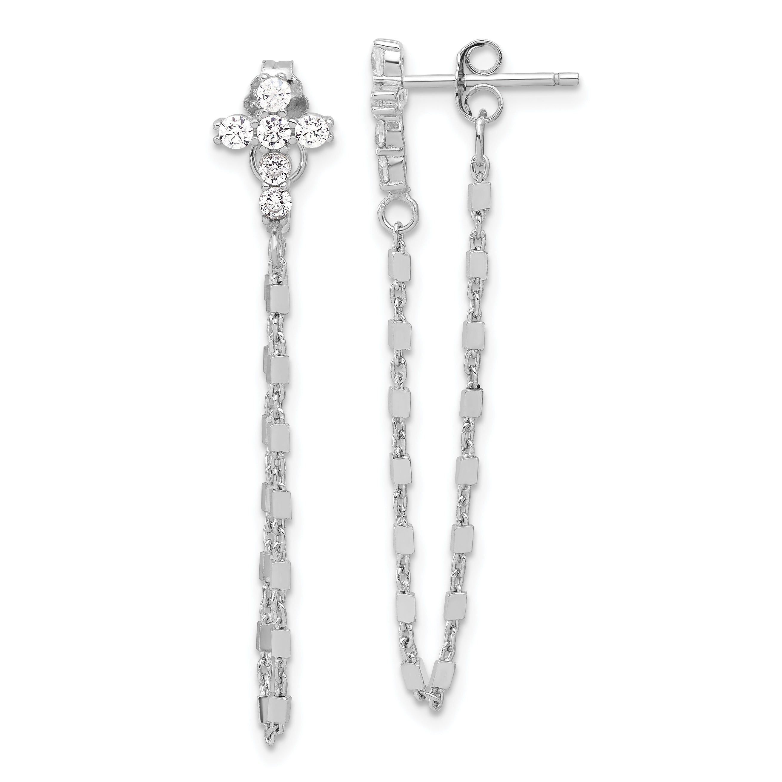 Sterling Silver RH-pltd CZ Cross w/Chain Front & Back Post Dangle Earrings Main image