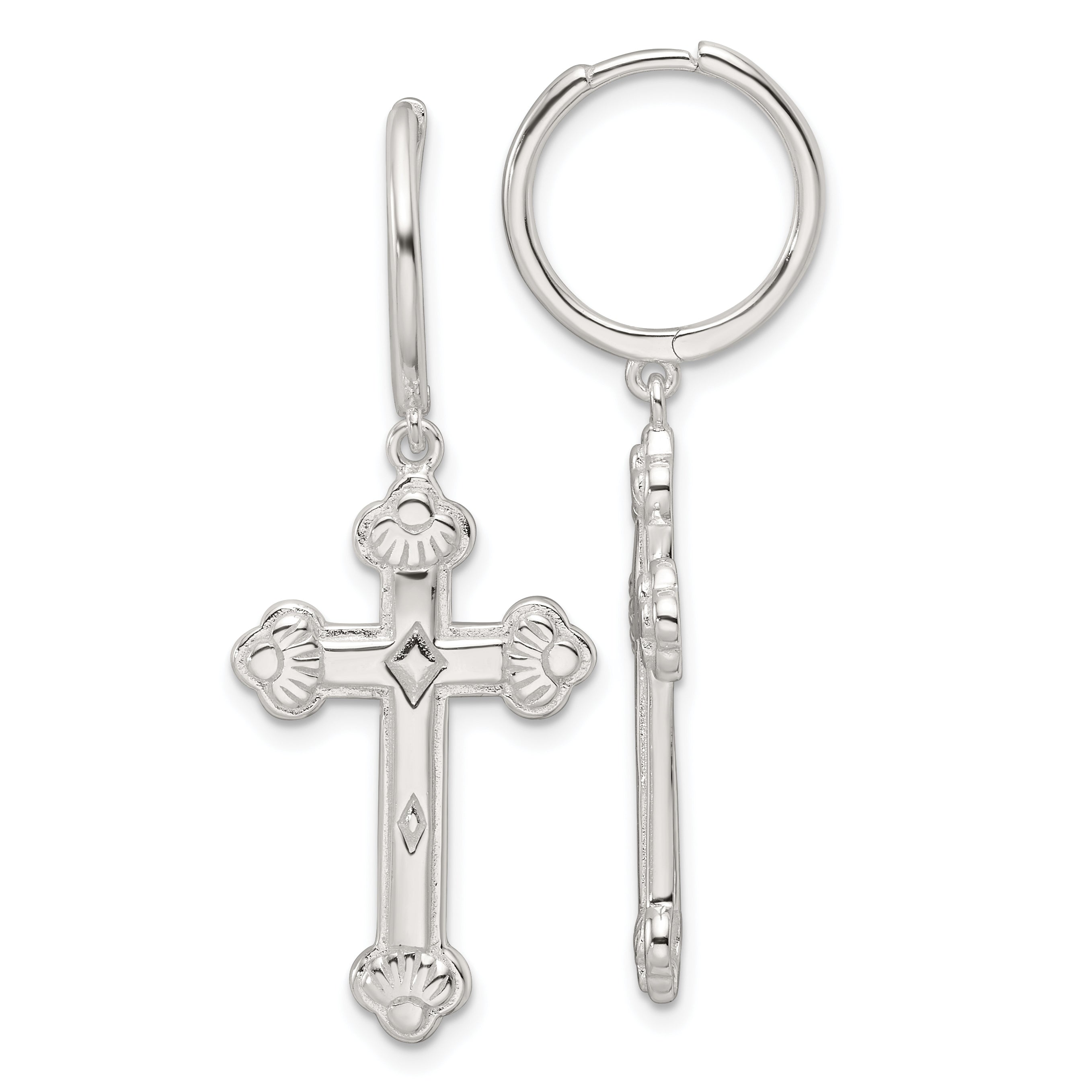 Sterling Silver E-Coating Polished Dangle Cross Round Hoop Earrings Main image
