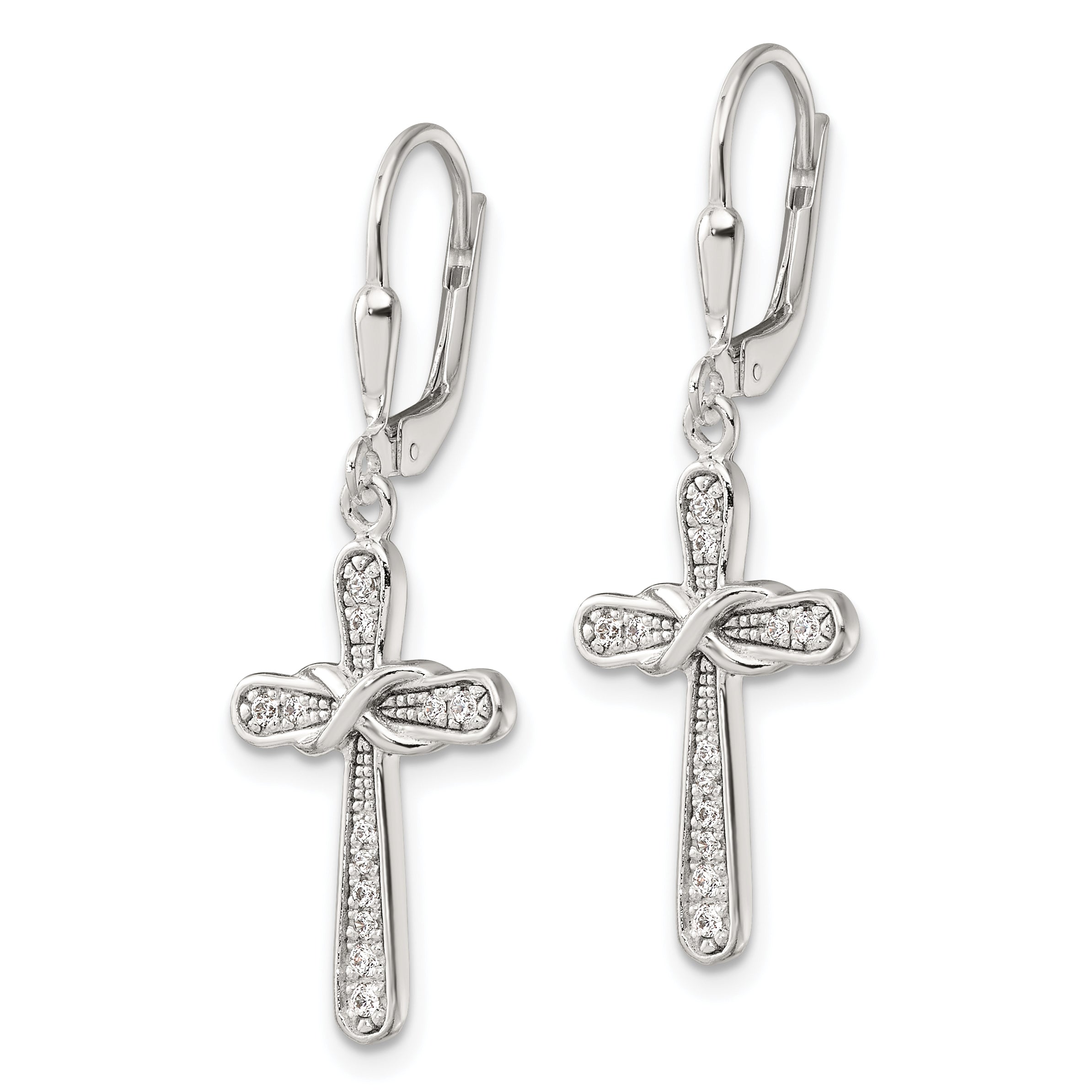 Sterling Silver Polished CZ Infinity Cross Leverback Dangle Earrings Secondary image