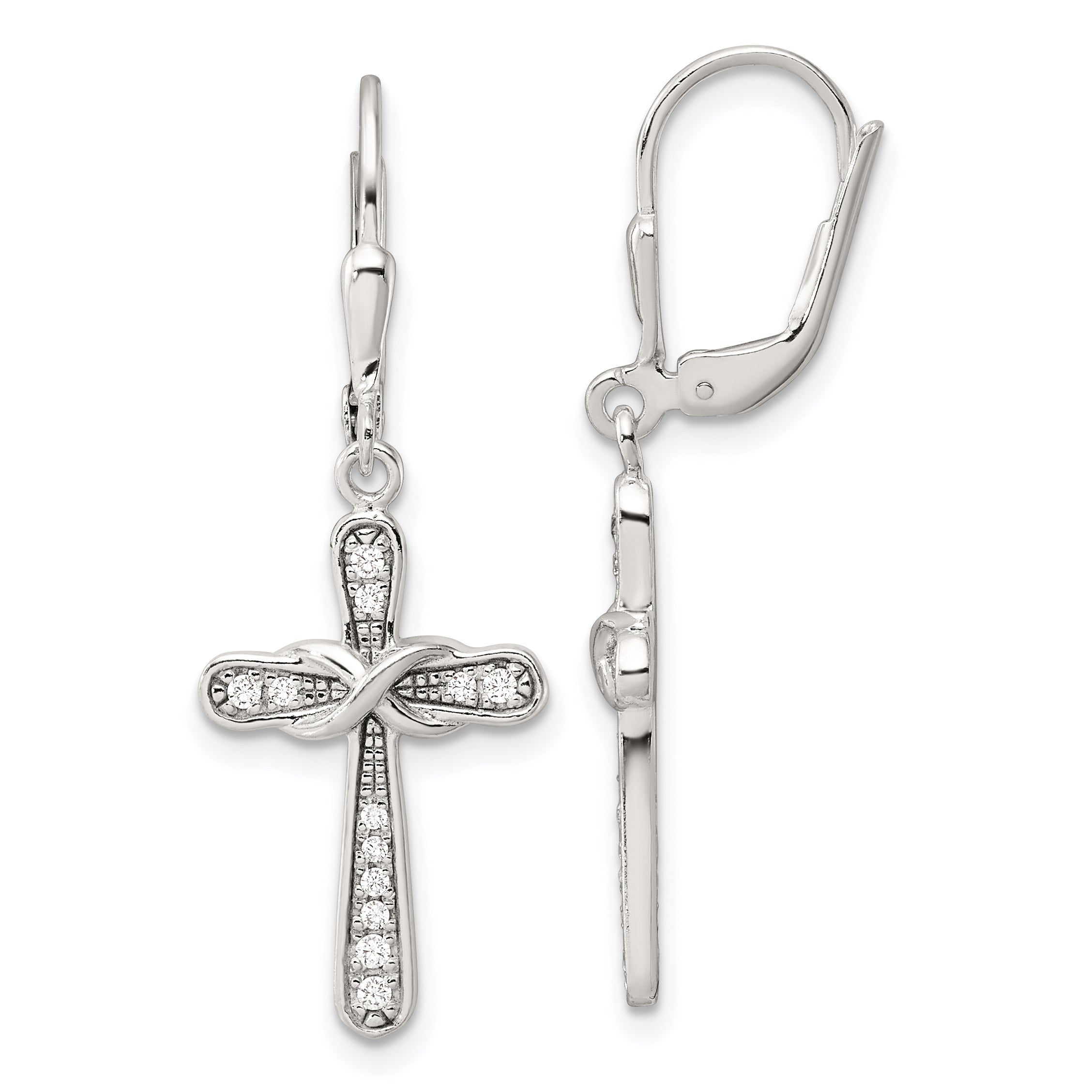 Sterling Silver Polished CZ Infinity Cross Leverback Dangle Earrings Main image