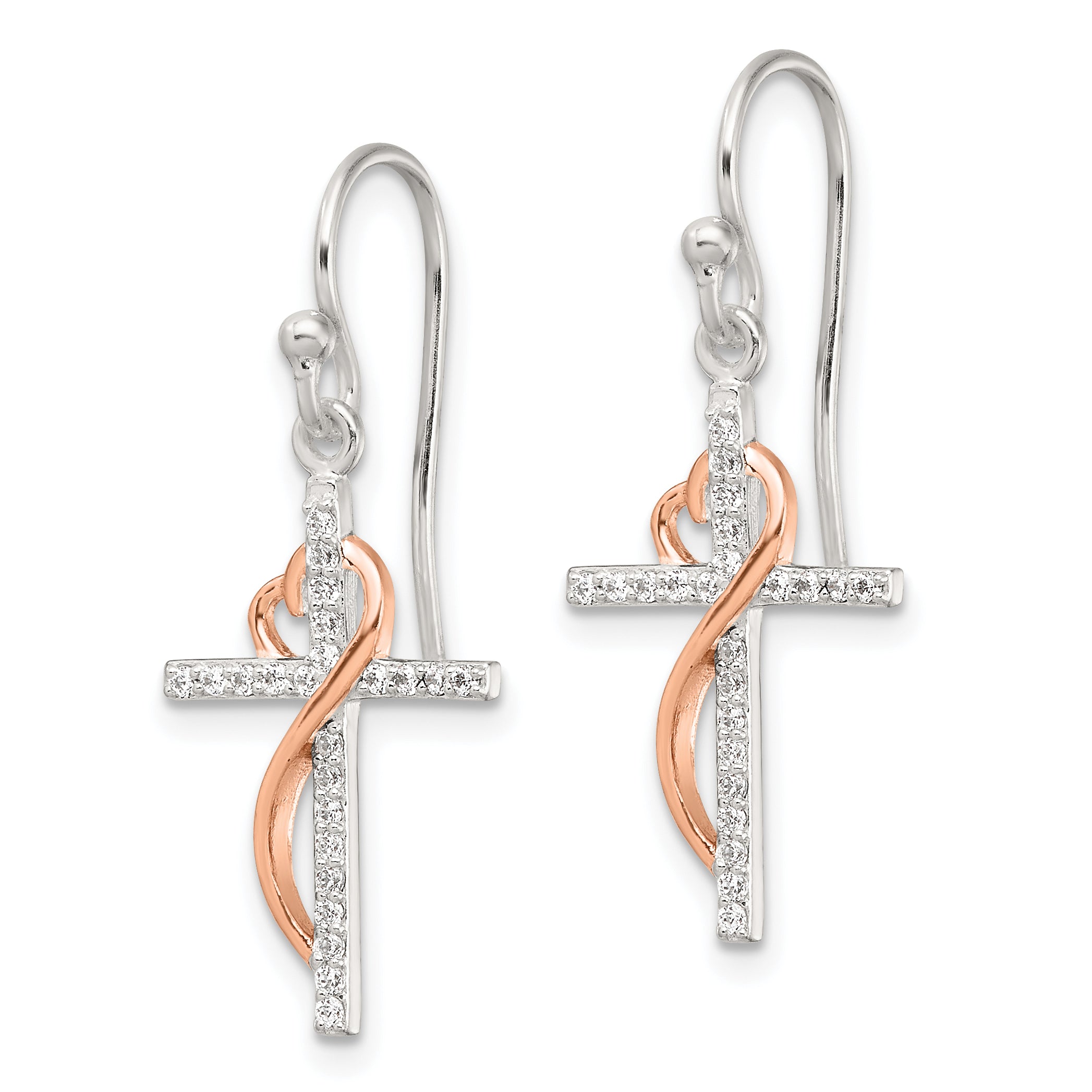 Sterling Silver & Rose-tone Polished CZ Heart Cross Dangle Earrings Secondary image