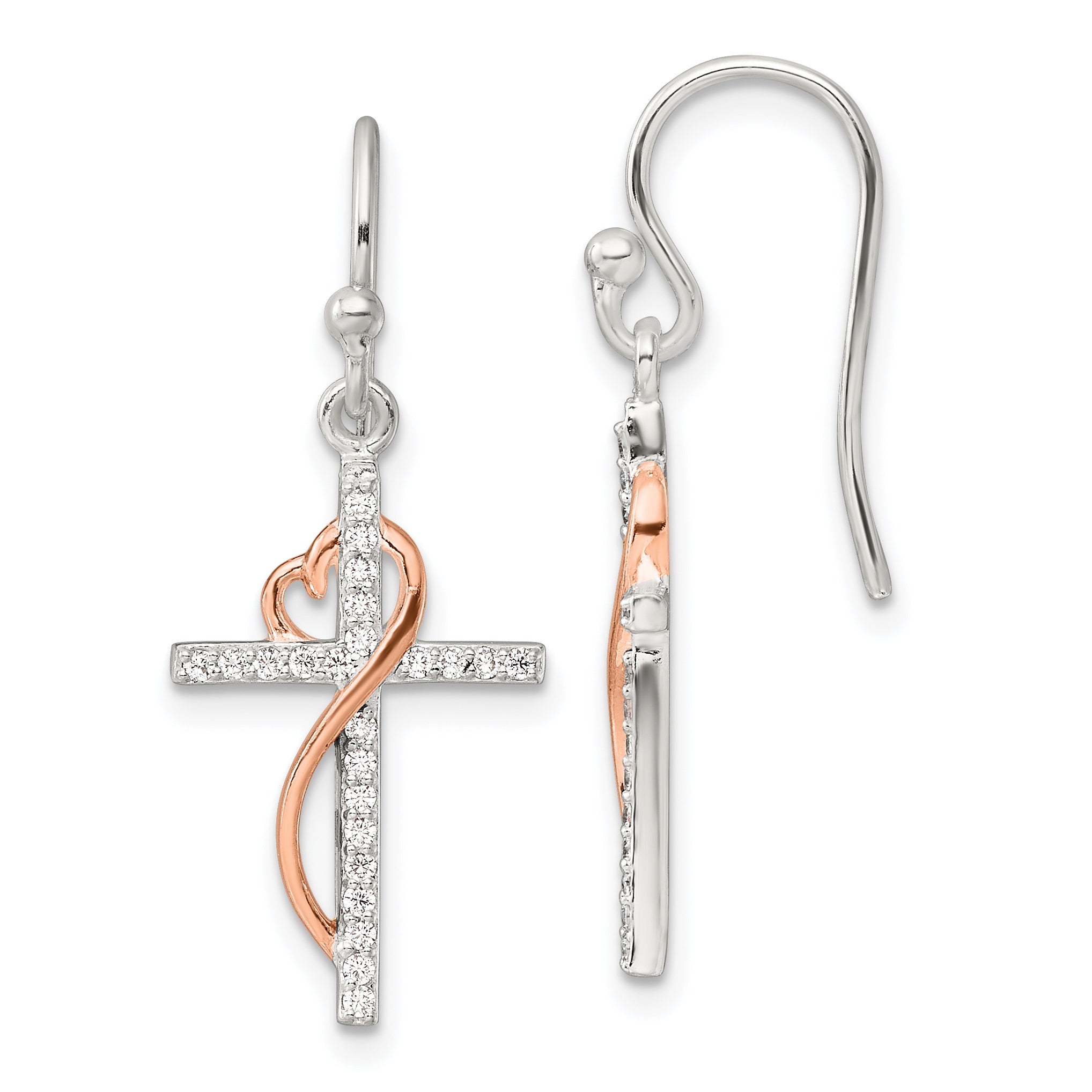 Sterling Silver & Rose-tone Polished CZ Heart Cross Dangle Earrings Main image